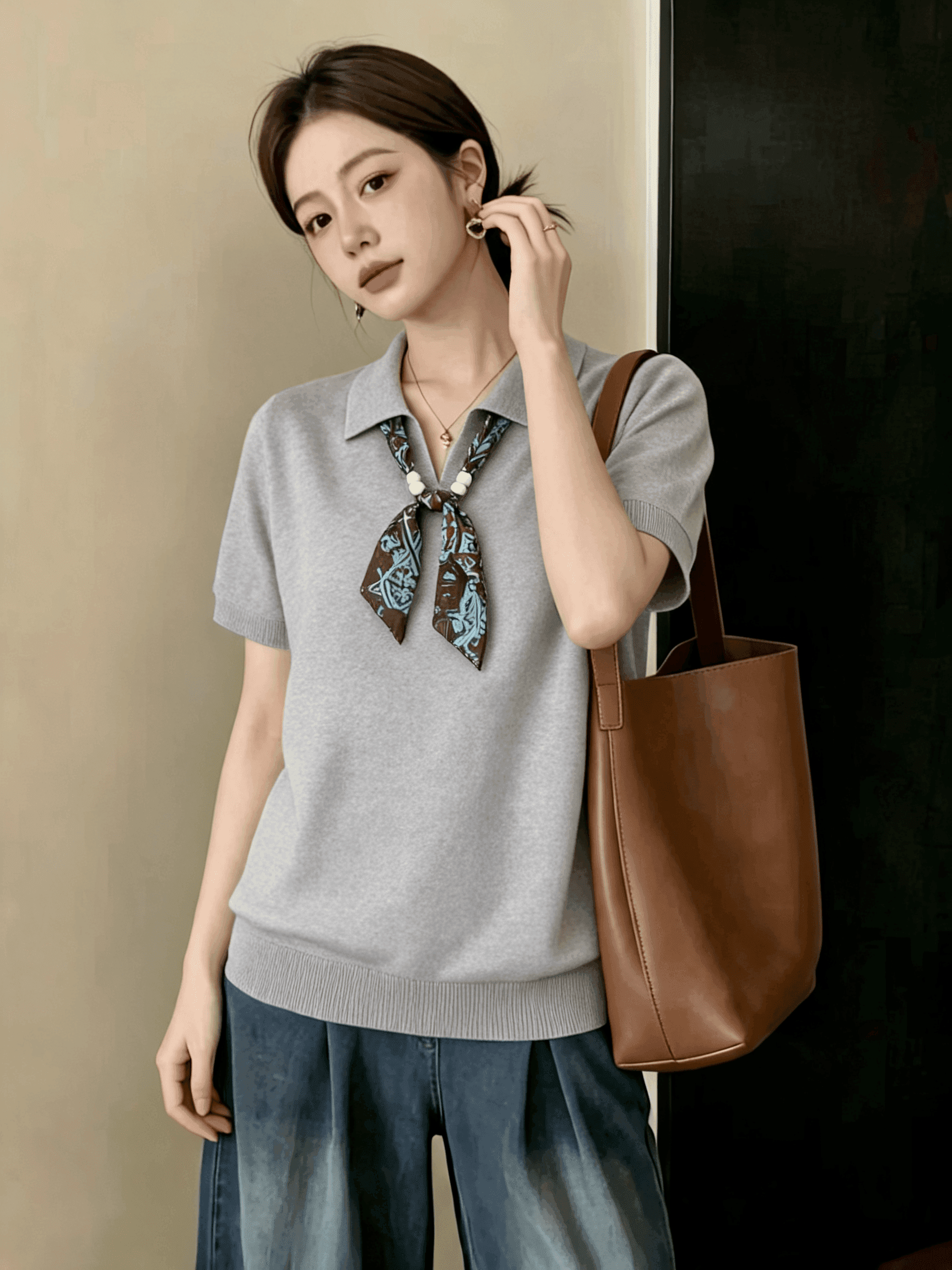 빅 사이즈 오래된 돈 바람 스카프 POLO 칼라 반팔 티셔츠 여성 여름 2026 새로운 높음 지혜 센스 루즈핏 니트 맨위 상세 이미지 1