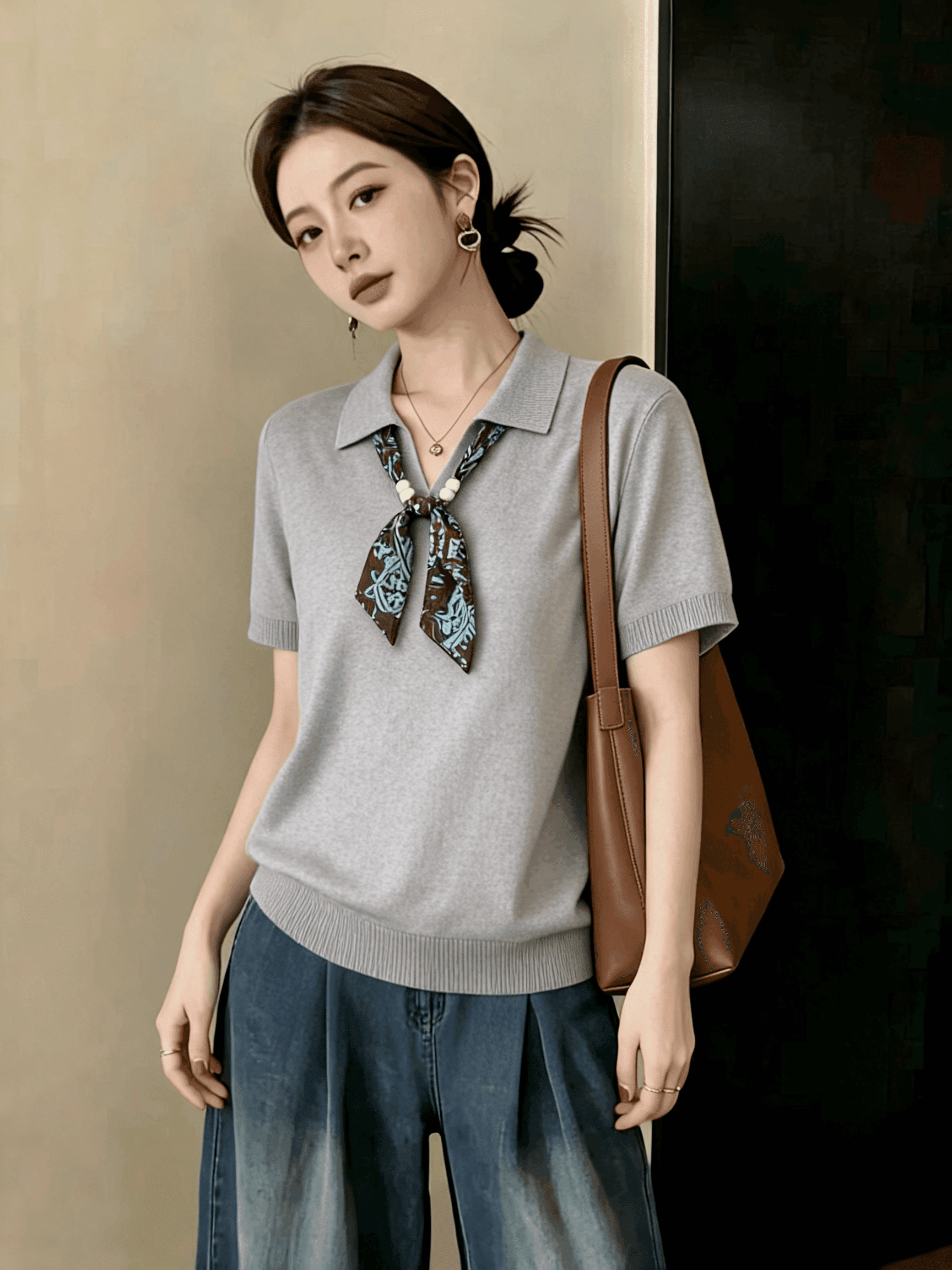 빅 사이즈 오래된 돈 바람 스카프 POLO 칼라 반팔 티셔츠 여성 여름 2026 새로운 높음 지혜 센스 루즈핏 니트 맨위 상세 이미지 2