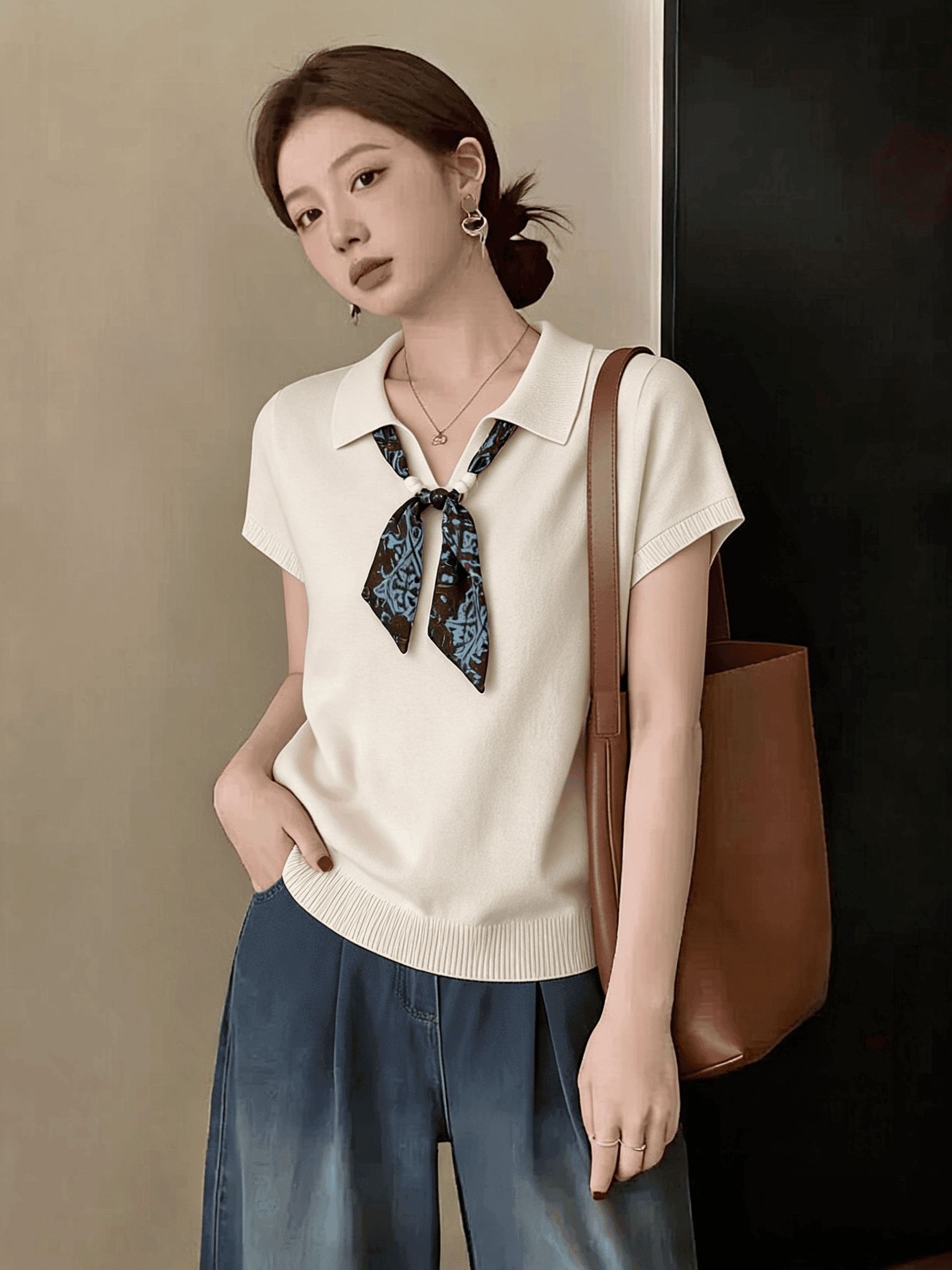 빅 사이즈 오래된 돈 바람 스카프 POLO 칼라 반팔 티셔츠 여성 여름 2026 새로운 높음 지혜 센스 루즈핏 니트 맨위 상세 이미지 3