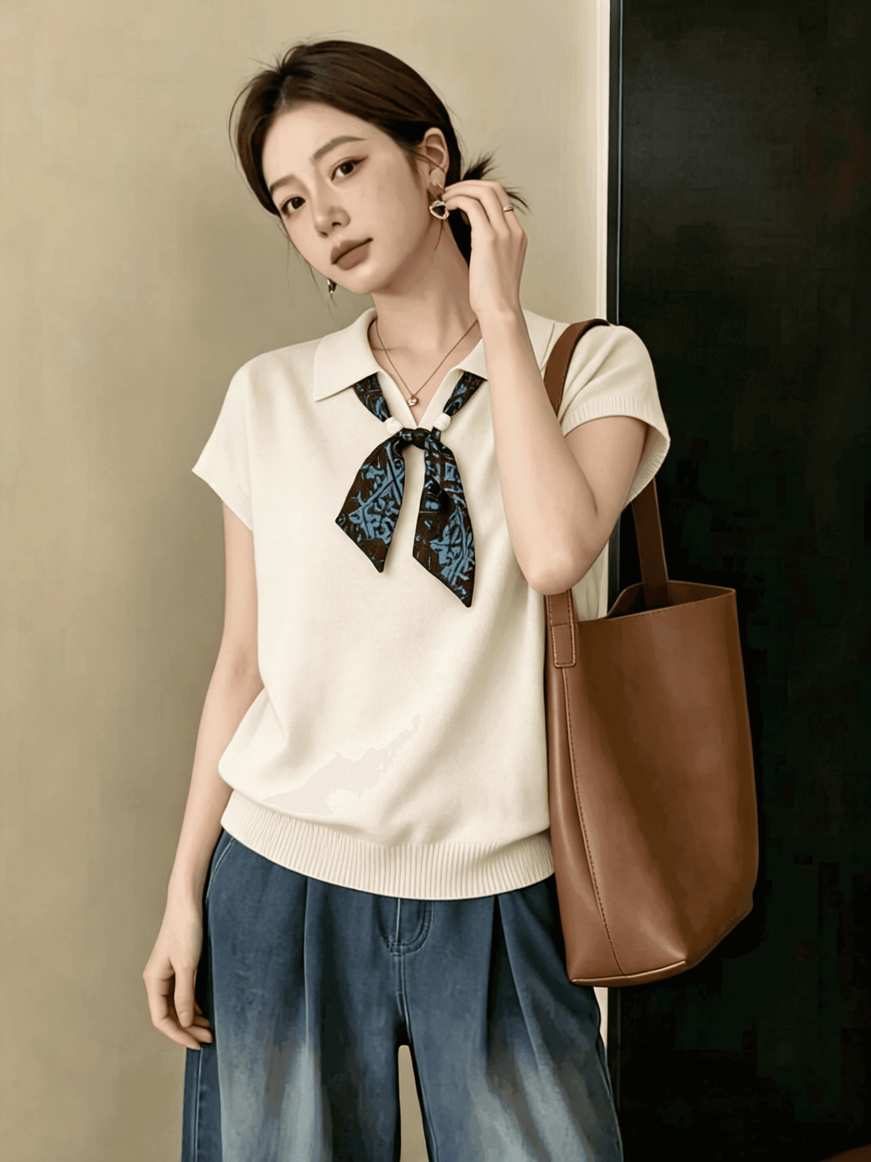 빅 사이즈 오래된 돈 바람 스카프 POLO 칼라 반팔 티셔츠 여성 여름 2026 새로운 높음 지혜 센스 루즈핏 니트 맨위 상세 이미지 4