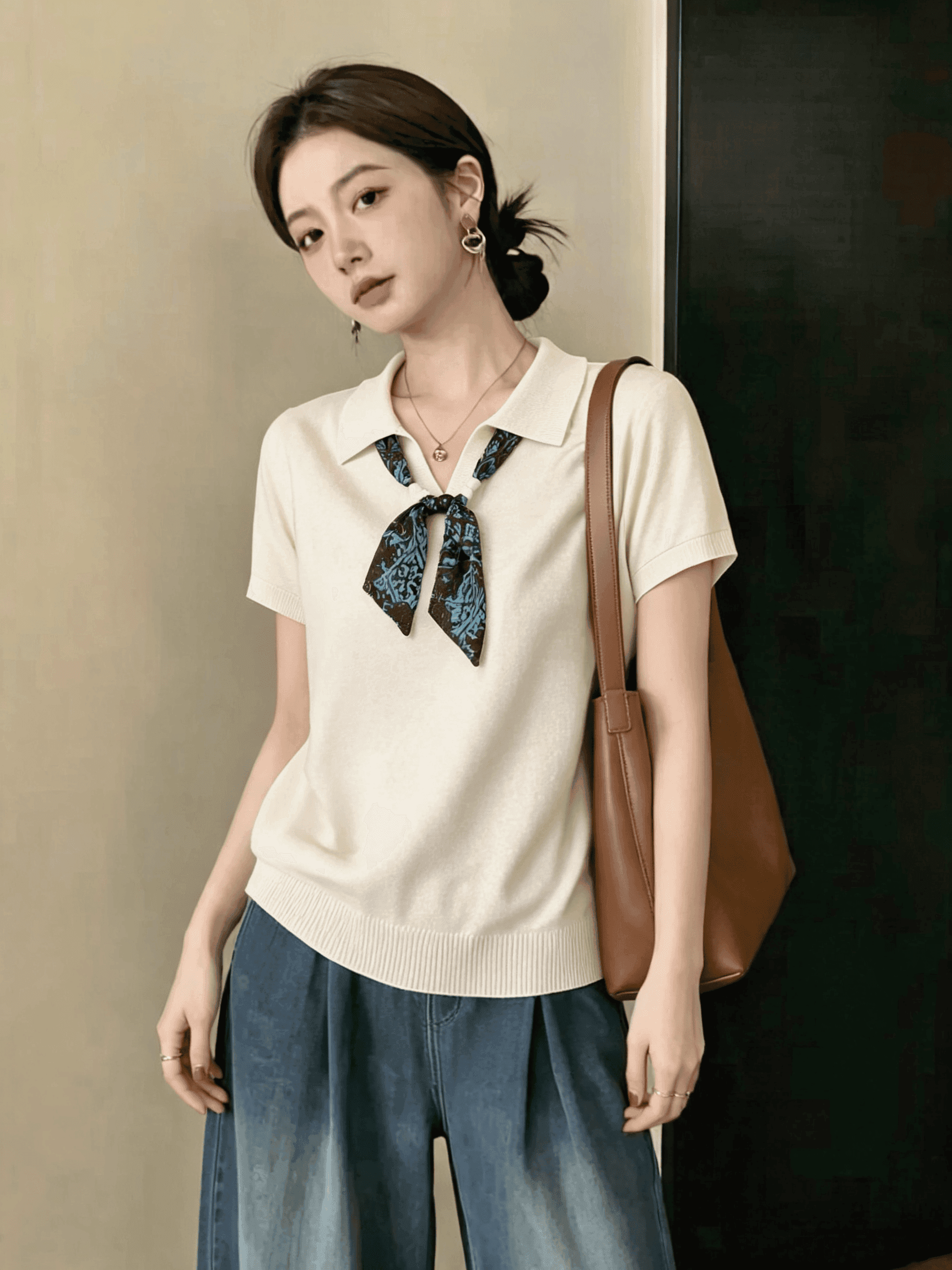 빅 사이즈 오래된 돈 바람 스카프 POLO 칼라 반팔 티셔츠 여성 여름 2026 새로운 높음 지혜 센스 루즈핏 니트 맨위 상세 이미지 5