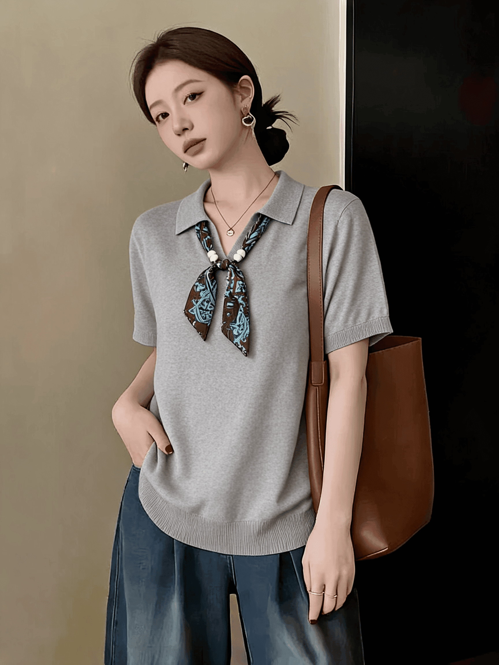 빅 사이즈 오래된 돈 바람 스카프 POLO 칼라 반팔 티셔츠 여성 여름 2026 새로운 높음 지혜 센스 루즈핏 니트 맨위 상세 이미지 6