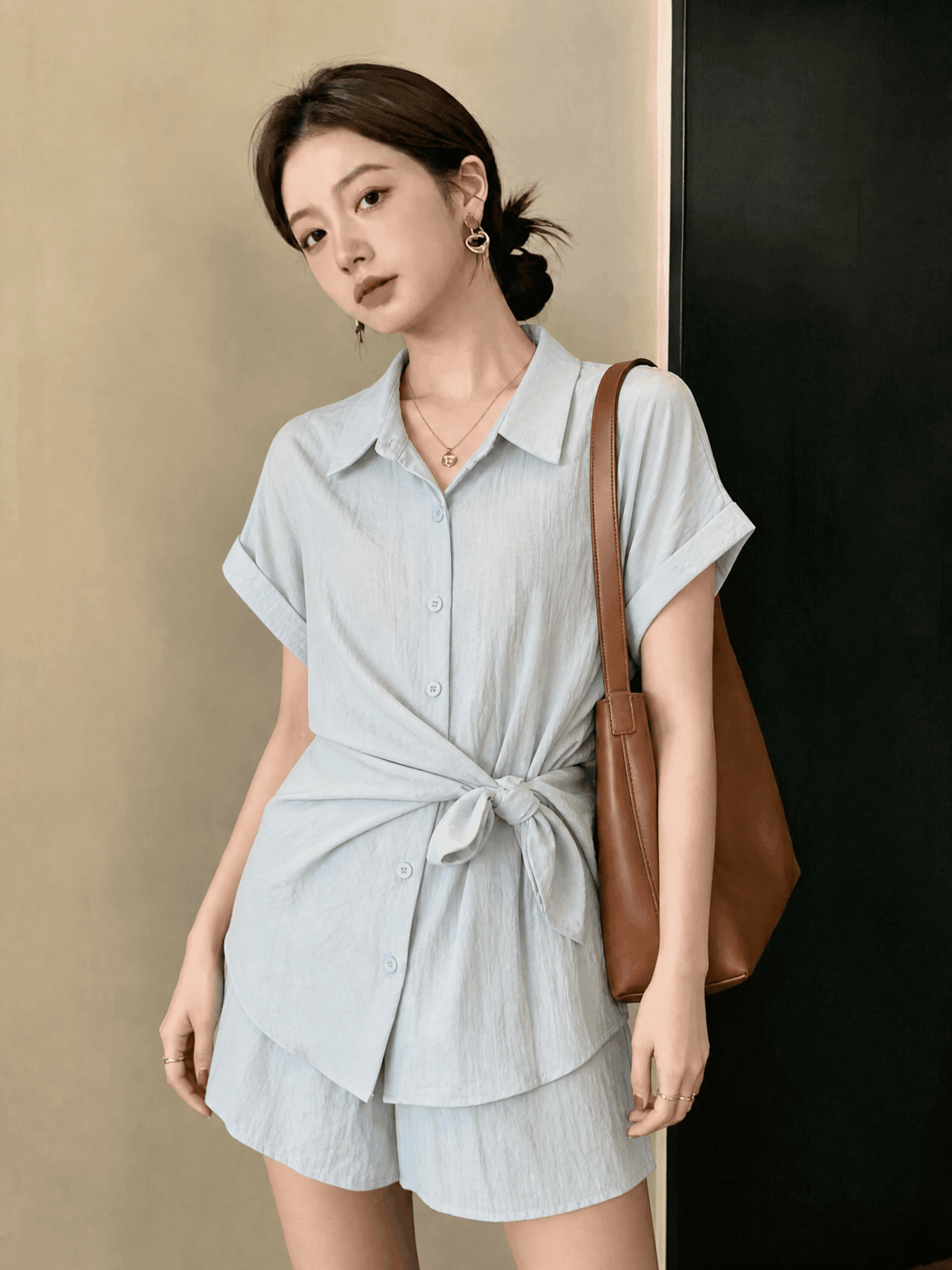 불규칙 레이스업 허리 수축 셔츠 반바지 세트 여성 여름 빅 사이즈 통통한 여동생 패션 품격 슬림해 보이는 투피스 세트 이미지 2