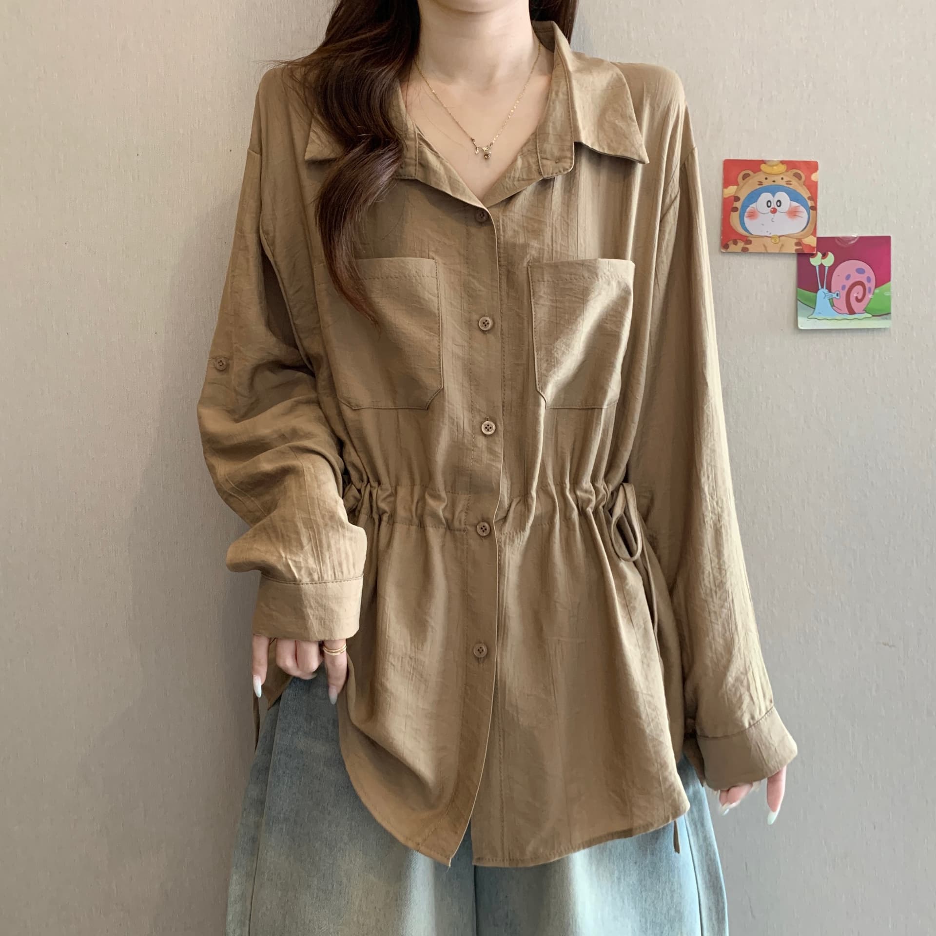 한 부서 펌프 로프 디자인 센스 POLO 칼라 긴팔 여성 셔츠 가을 새로운 빅 사이즈 패션 캐주얼 출퇴근 다용도 맨위 이미지 3