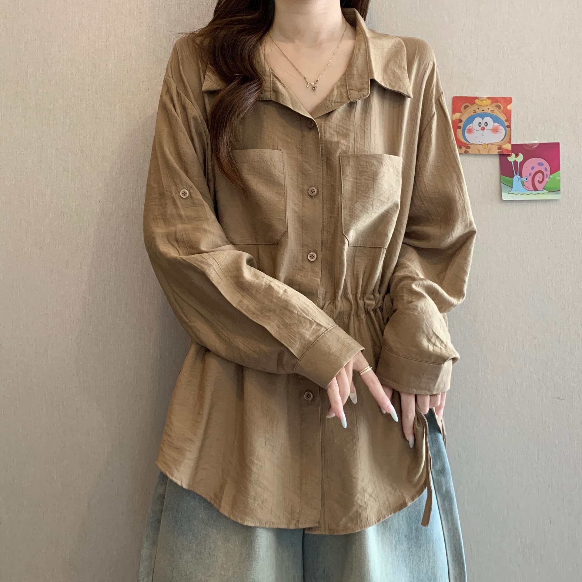 한 부서 펌프 로프 디자인 센스 POLO 칼라 긴팔 여성 셔츠 가을 새로운 빅 사이즈 패션 캐주얼 출퇴근 다용도 맨위 상세 이미지 3