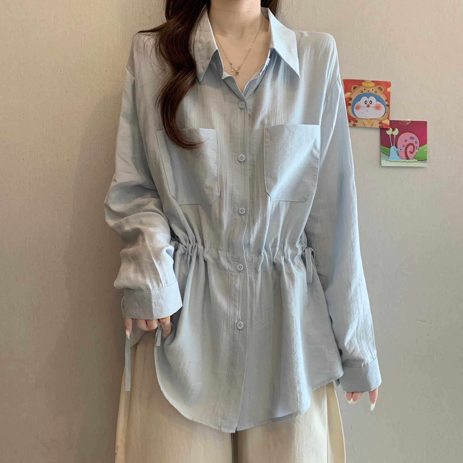 한 부서 펌프 로프 디자인 센스 POLO 칼라 긴팔 여성 셔츠 가을 새로운 빅 사이즈 패션 캐주얼 출퇴근 다용도 맨위 상세 이미지 7