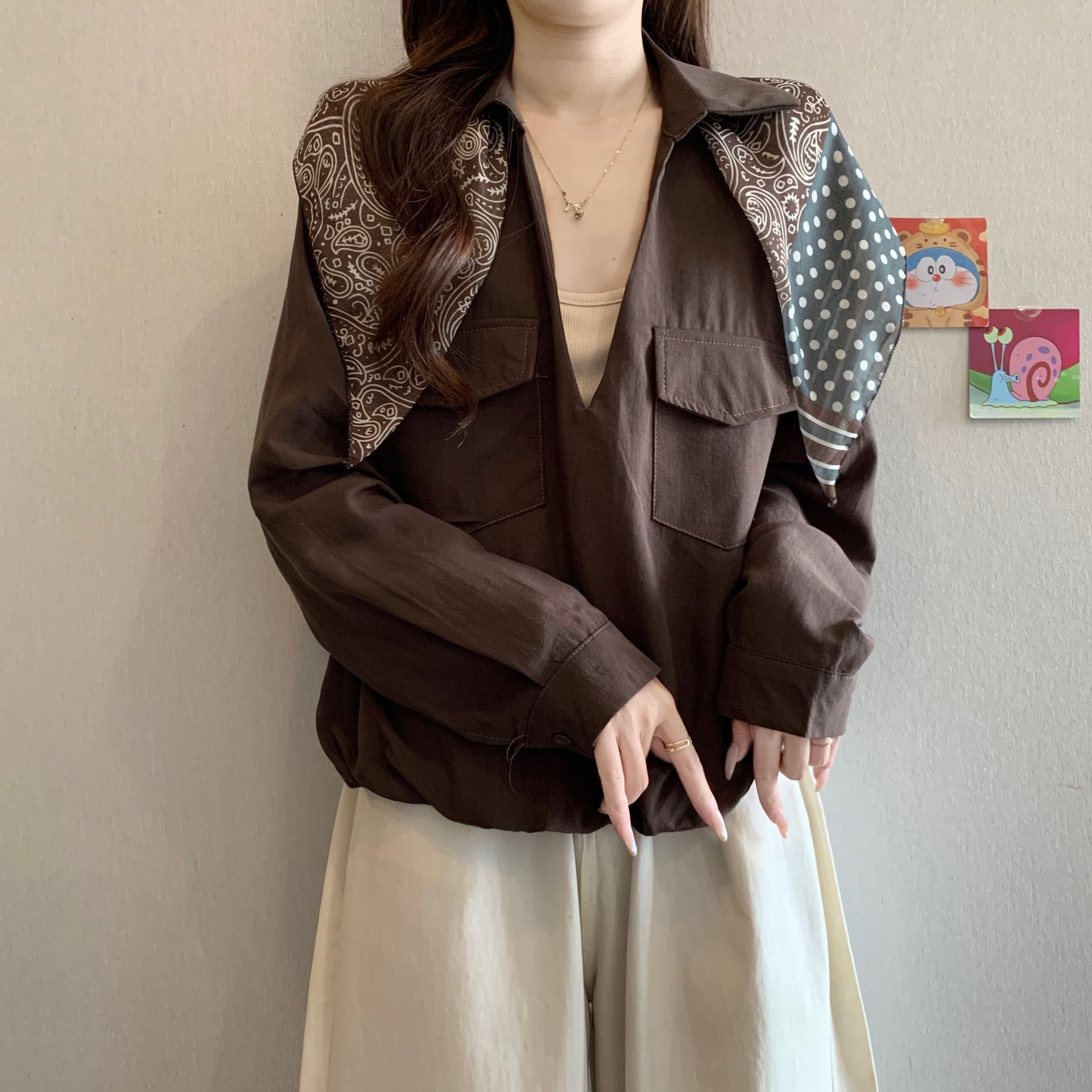 빅 사이즈 가을 켜기 새로운 페이크 레이어드 폴로 칼라 배색 패션 출퇴근 긴팔 셔츠 경기 스카프 미니멀리즘 오래된 돈 품격 바람 상세 이미지 5