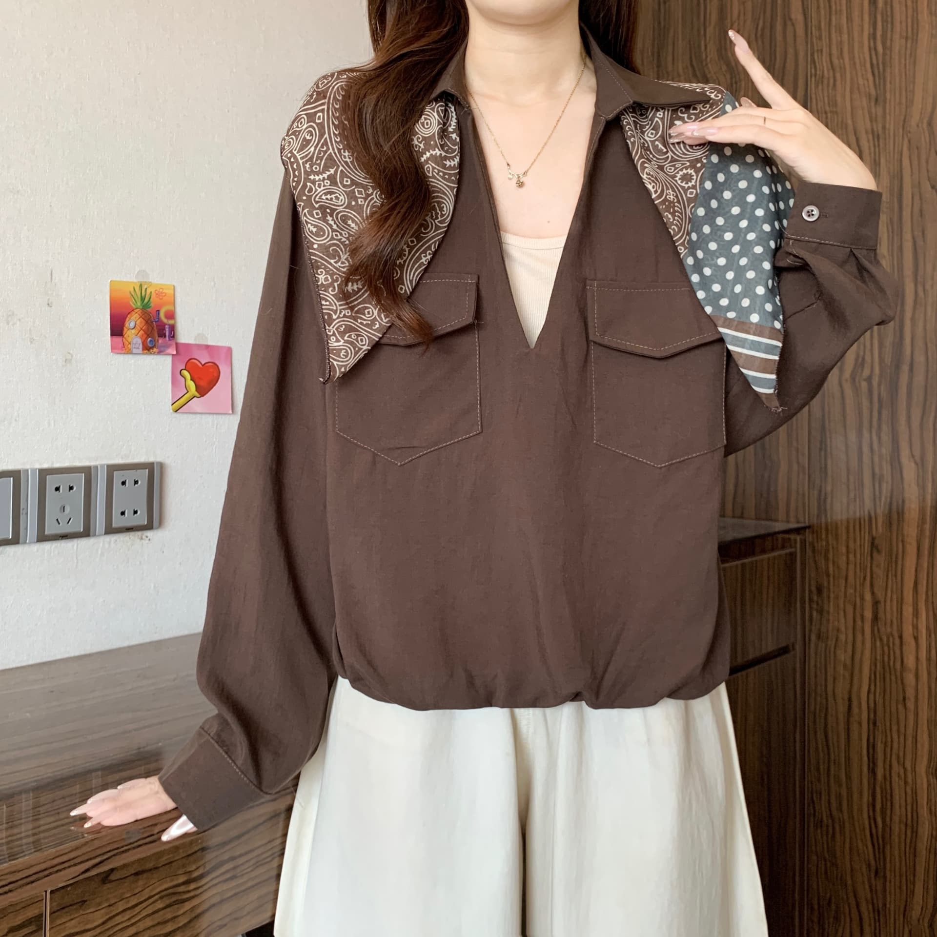 빅 사이즈 가을 켜기 새로운 페이크 레이어드 폴로 칼라 배색 패션 출퇴근 긴팔 셔츠 경기 스카프 미니멀리즘 오래된 돈 품격 바람 상세 이미지 9