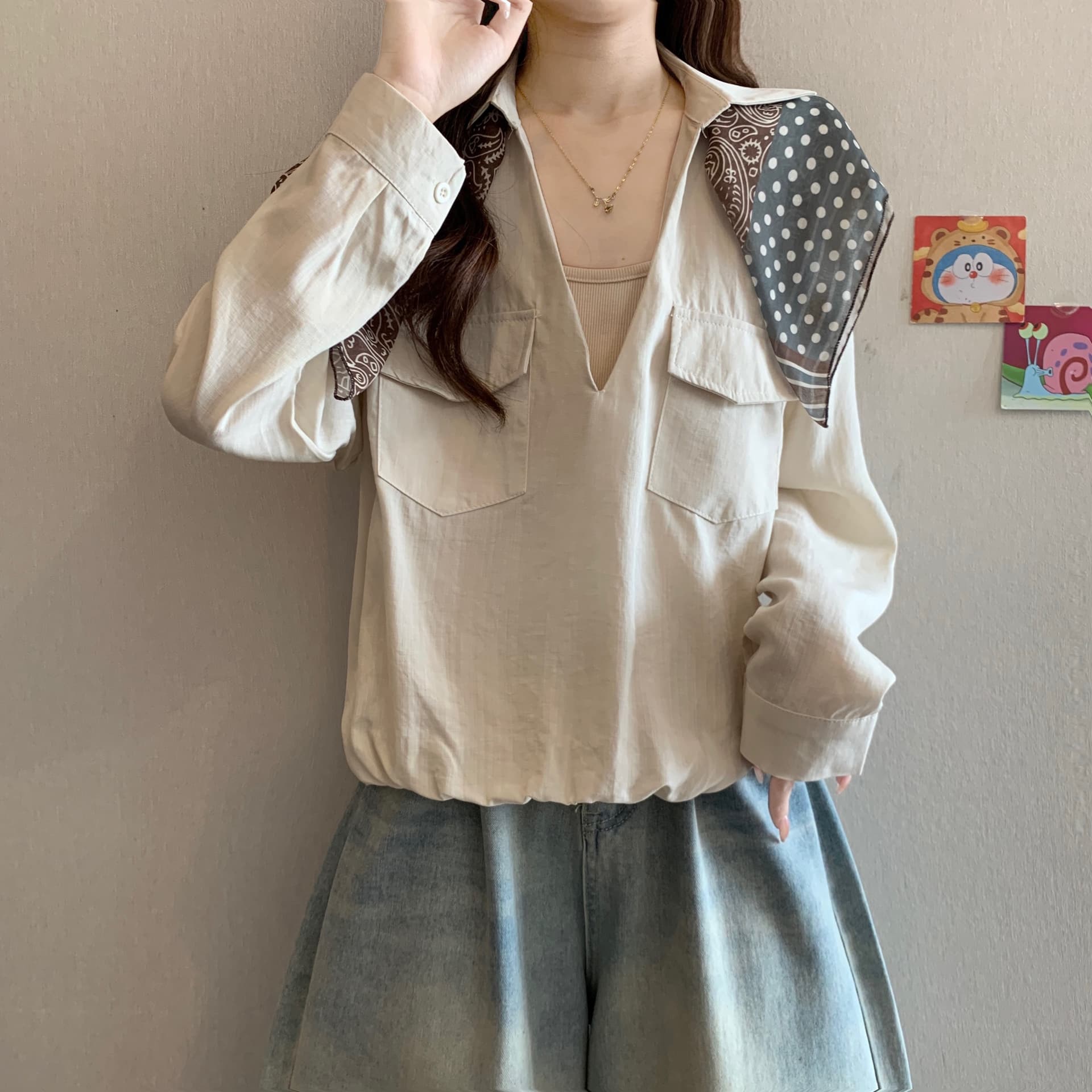 빅 사이즈 가을 켜기 새로운 페이크 레이어드 폴로 칼라 배색 패션 출퇴근 긴팔 셔츠 경기 스카프 미니멀리즘 오래된 돈 품격 바람 상세 이미지 15
