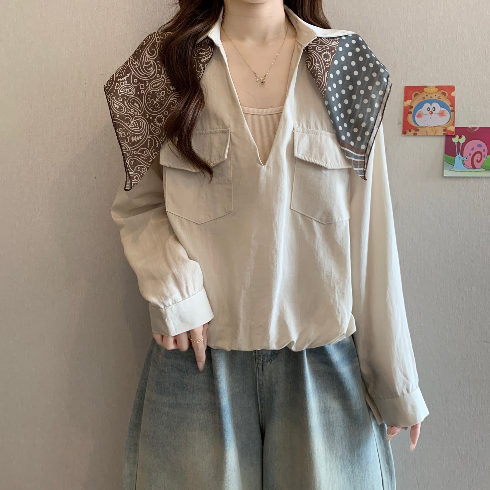 빅 사이즈 가을 켜기 새로운 페이크 레이어드 폴로 칼라 배색 패션 출퇴근 긴팔 셔츠 경기 스카프 미니멀리즘 오래된 돈 품격 바람 상세 이미지 17