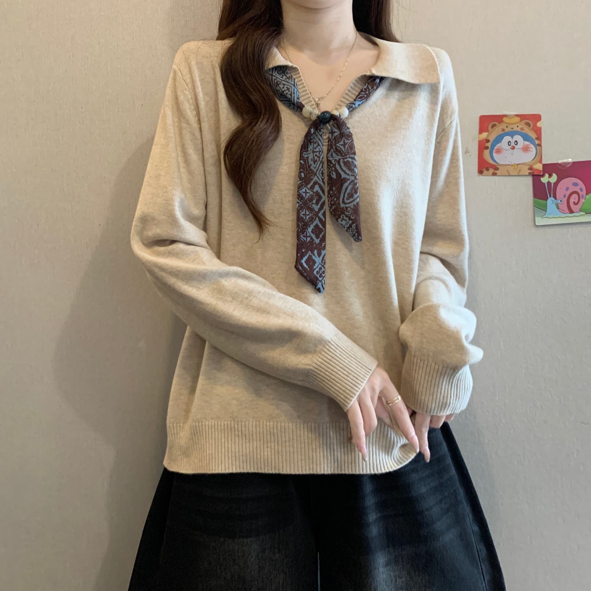 오래된 돈 바람 고급 디자인 센스 패션 폴로 칼라 스카프 반팔 니트 긴 소매 셔츠 여성 여름 루즈핏 빅 사이즈 맨위 상세 이미지 2