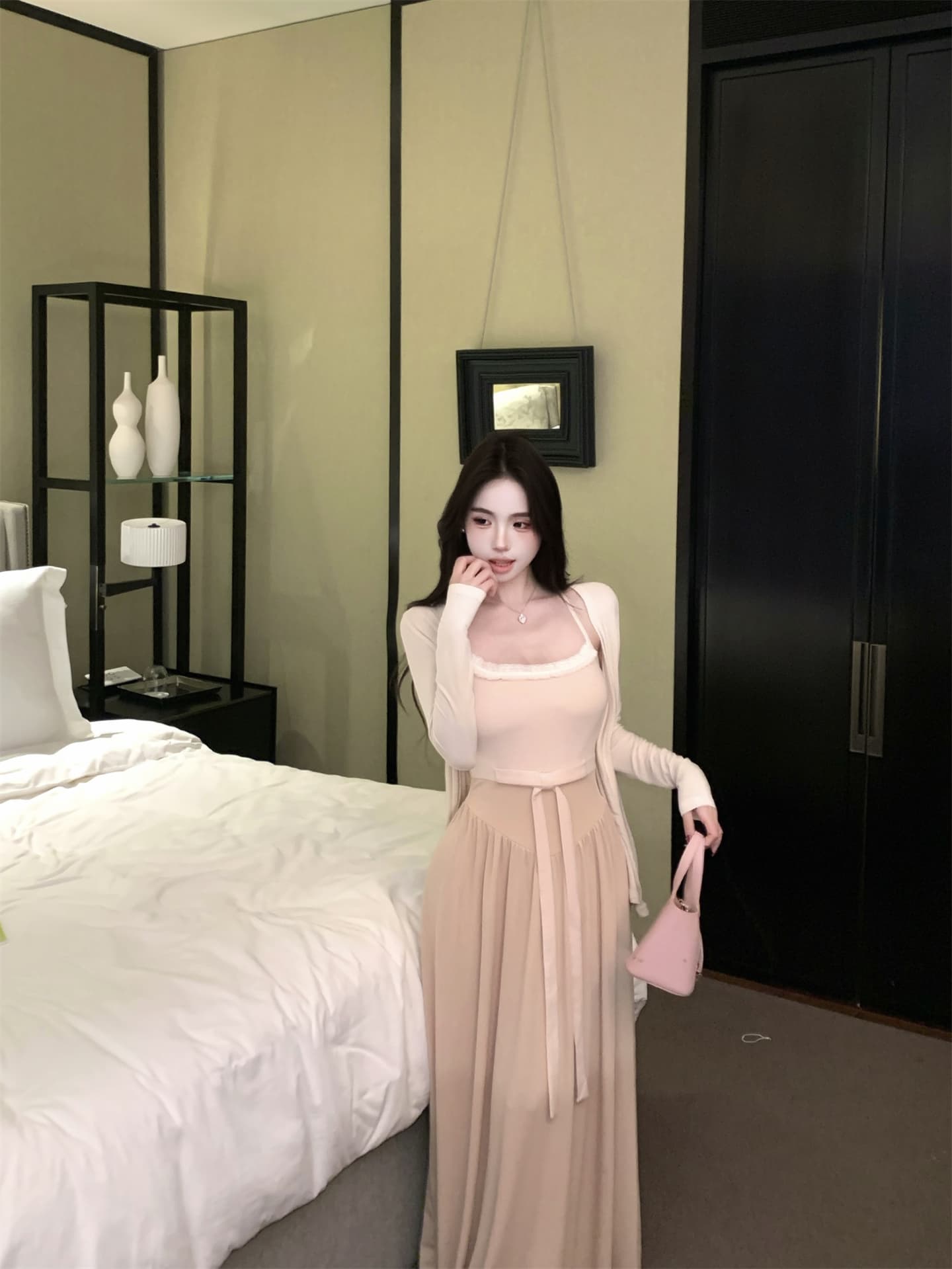 실사 가을 디스플레이 부드러운 홍당무 달콤한 자매 치마 순수한 욕망 슬립 롱 스커트 다용도 자외선 차단 카디건 코트 투피스 세트 상세 이미지 3