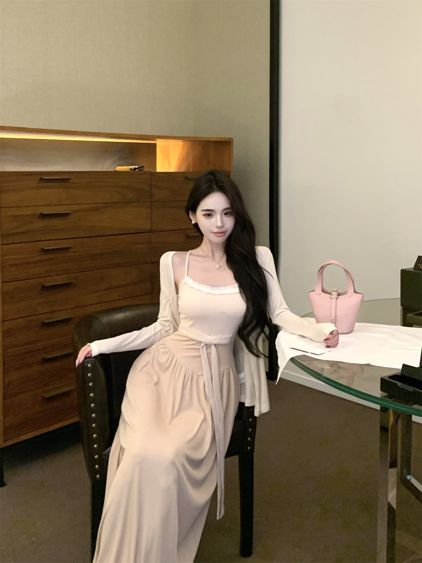 실사 가을 디스플레이 부드러운 홍당무 달콤한 자매 치마 순수한 욕망 슬립 롱 스커트 다용도 자외선 차단 카디건 코트 투피스 세트 상세 이미지 4