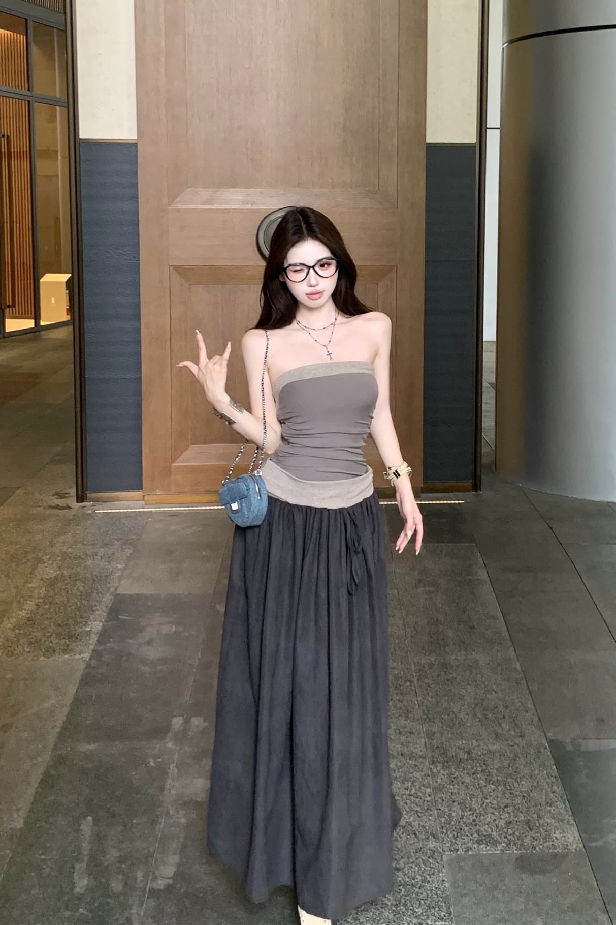 실사 새로운 안개 얼굴 낮음 포화 상태 패치워크 명중 Pleat 튜브탑 디자이너 큐프라 휴가 바람 점프 슈트 롱 스커트 이미지 6