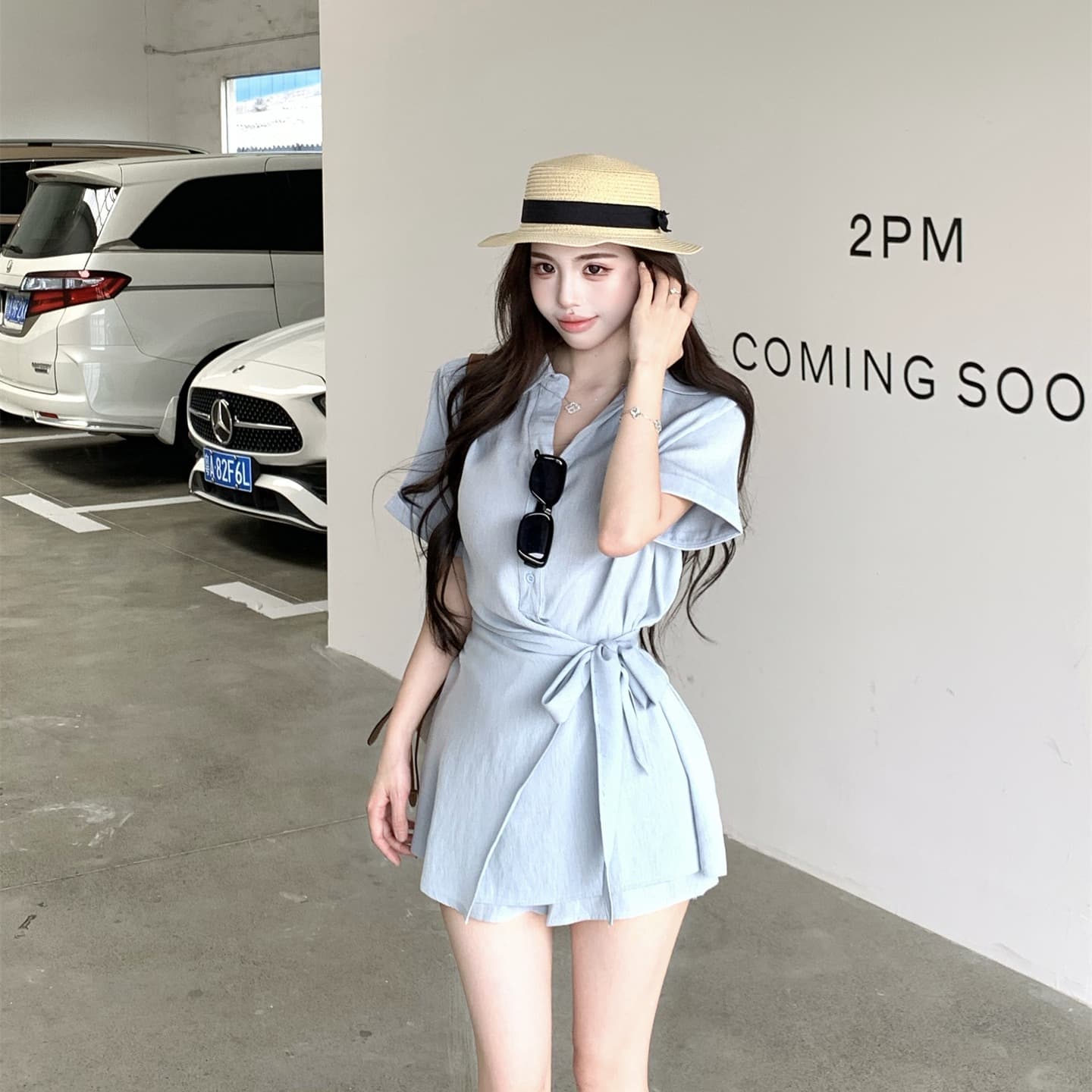 실사 디자인 센스 품격 폴로 칼라 스트랩 허리 수축 셔츠 드레스 출퇴근 하이웨이스트 슬림해 보이는 반바지 투피스 세트 이미지 5
