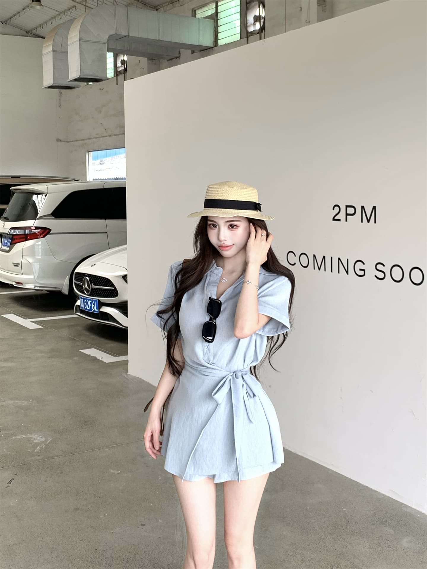 실사 디자인 센스 품격 폴로 칼라 스트랩 허리 수축 셔츠 드레스 출퇴근 하이웨이스트 슬림해 보이는 반바지 투피스 세트 상세 이미지 8
