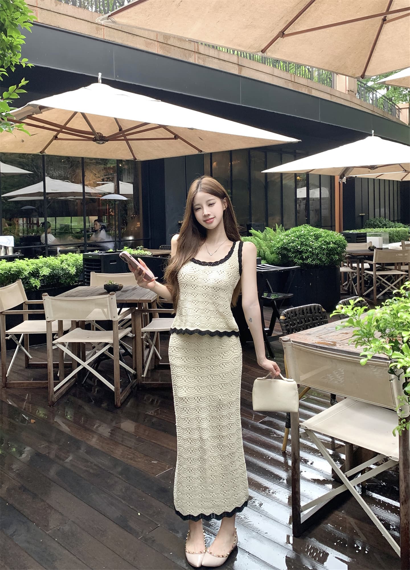 실사 사랑 여름 story 자수 배색 니트 u 칼라 조끼 슬립 반바지 롱 스커트 세 조각 여성 세트 여름 이미지 4