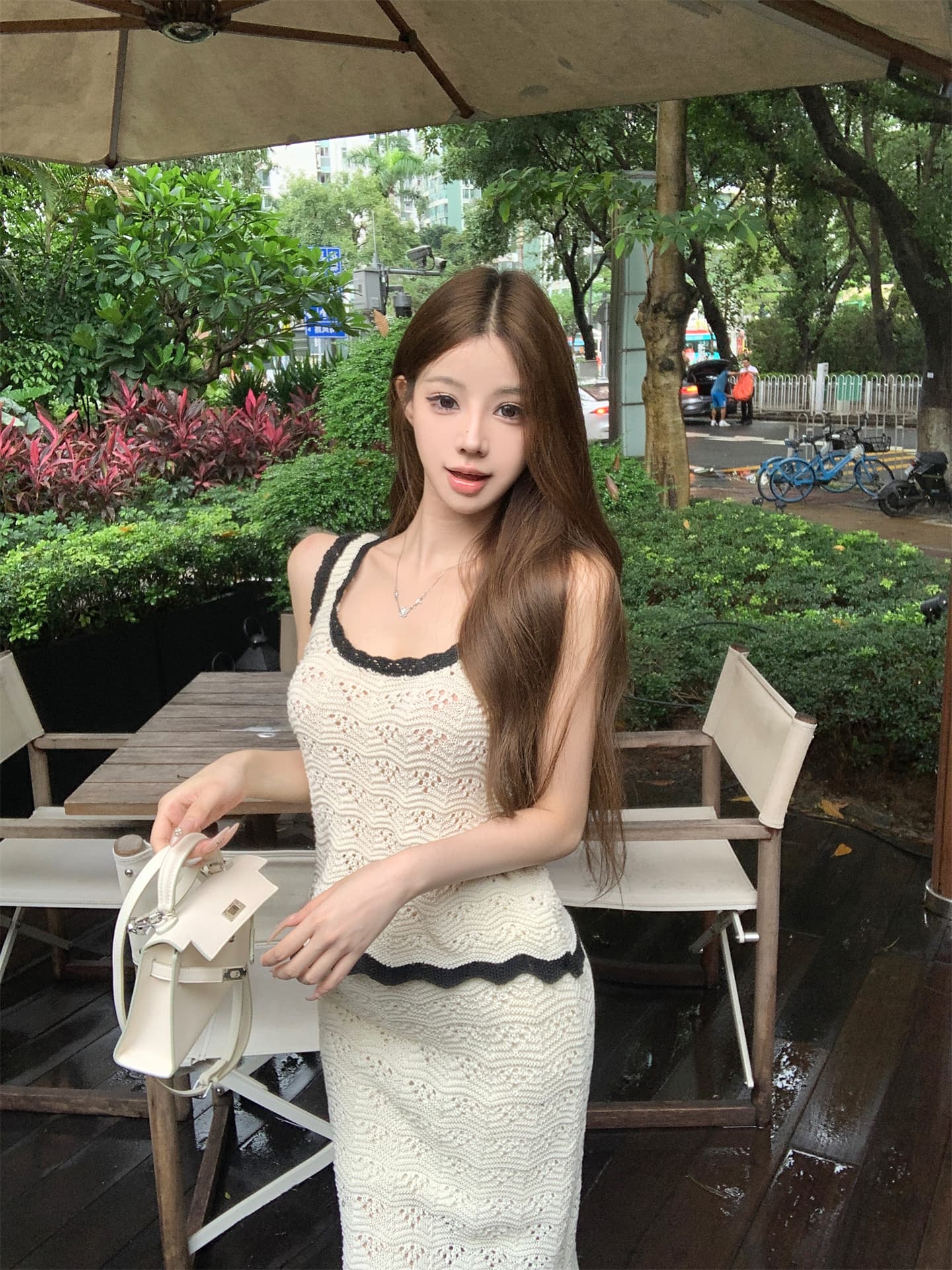 실사 사랑 여름 story 자수 배색 니트 u 칼라 조끼 슬립 반바지 롱 스커트 세 조각 여성 세트 여름 상세 이미지 13
