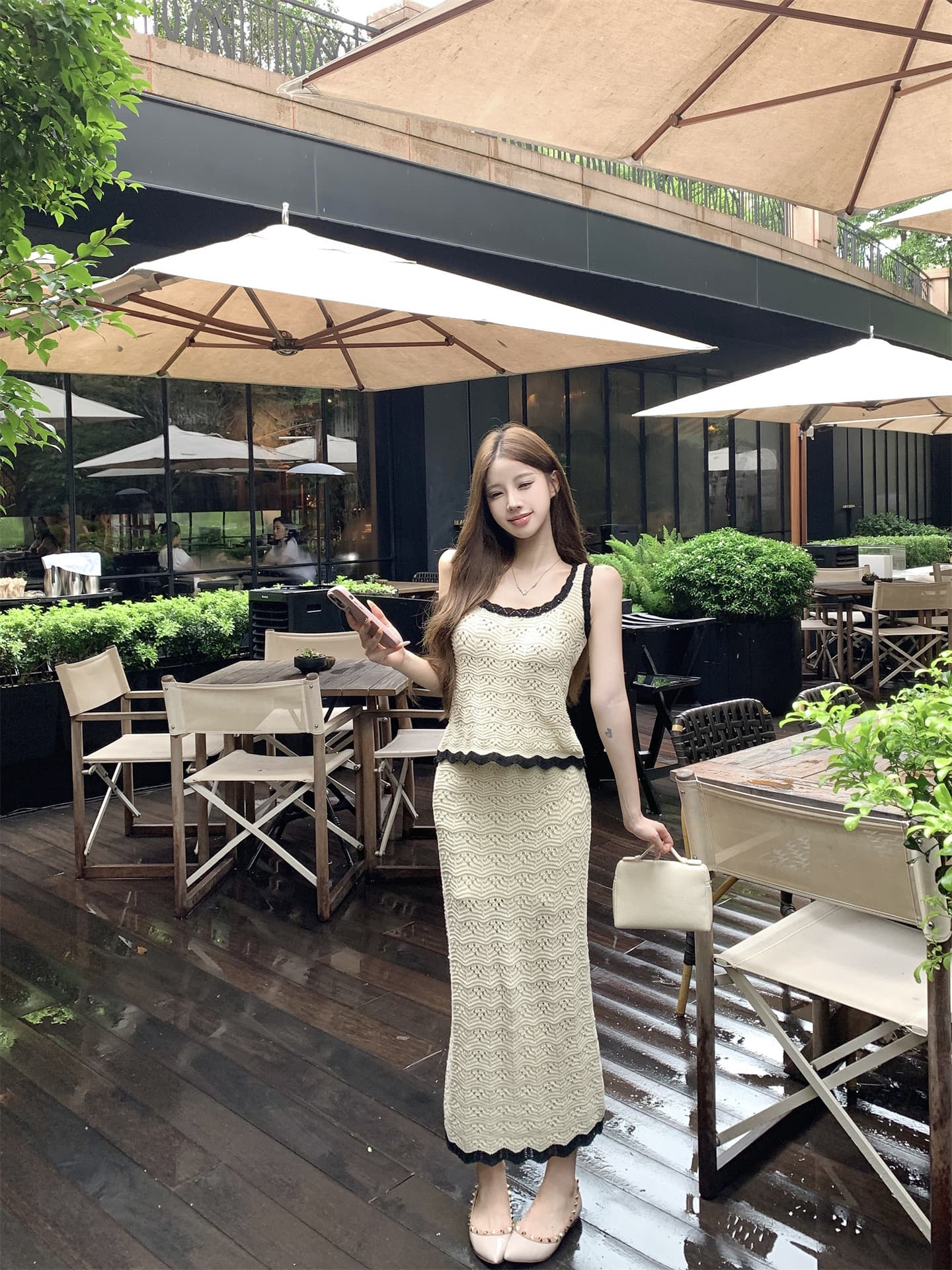 실사 사랑 여름 story 자수 배색 니트 u 칼라 조끼 슬립 반바지 롱 스커트 세 조각 여성 세트 여름 상세 이미지 21
