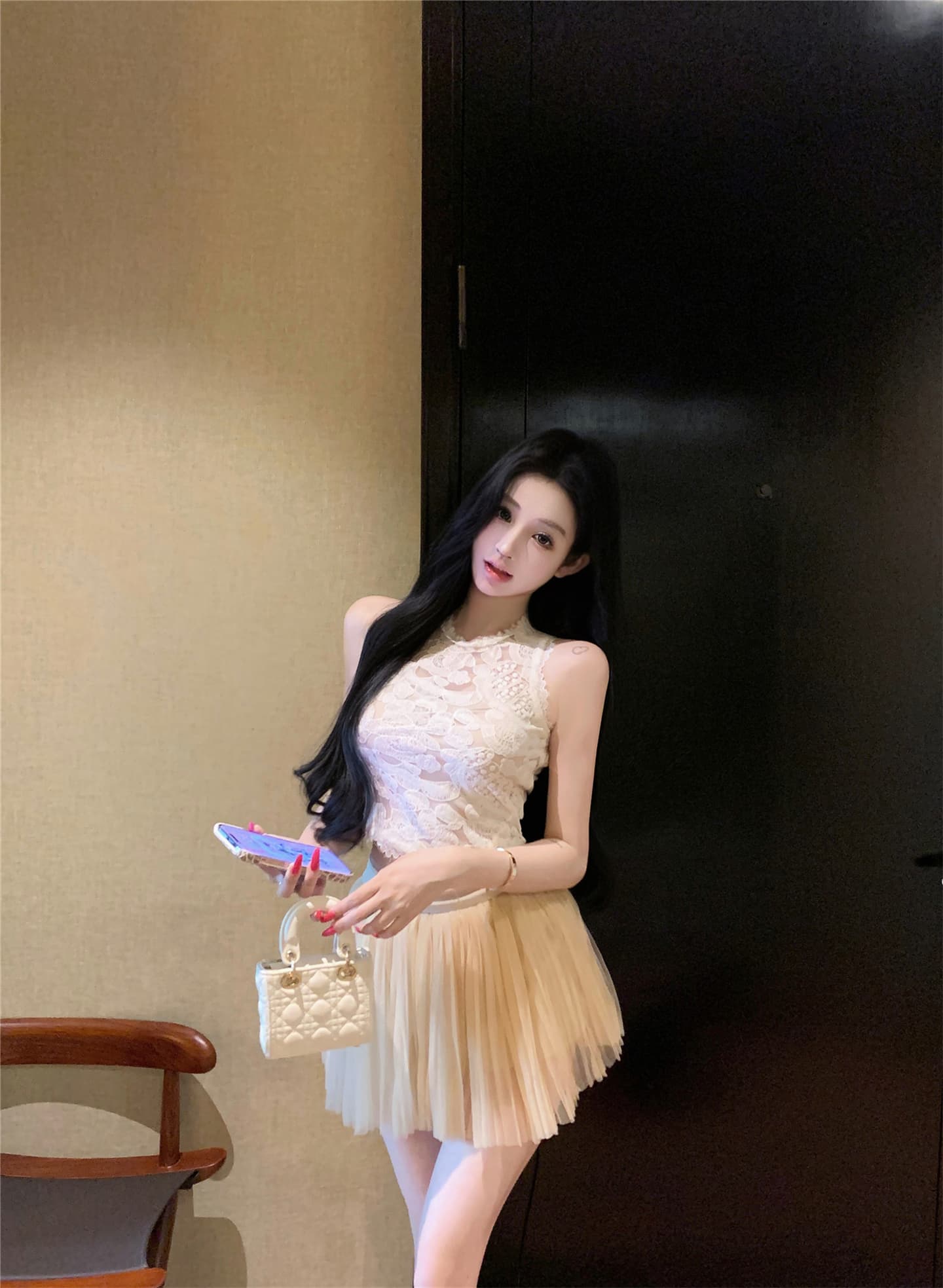 실사 새로운 矜贵 아름다움 순수한 욕망 무거운 작업 자수 홀로우 아웃 레이스 조끼 망사 퍼프 미니 스커트 세트 이미지 2