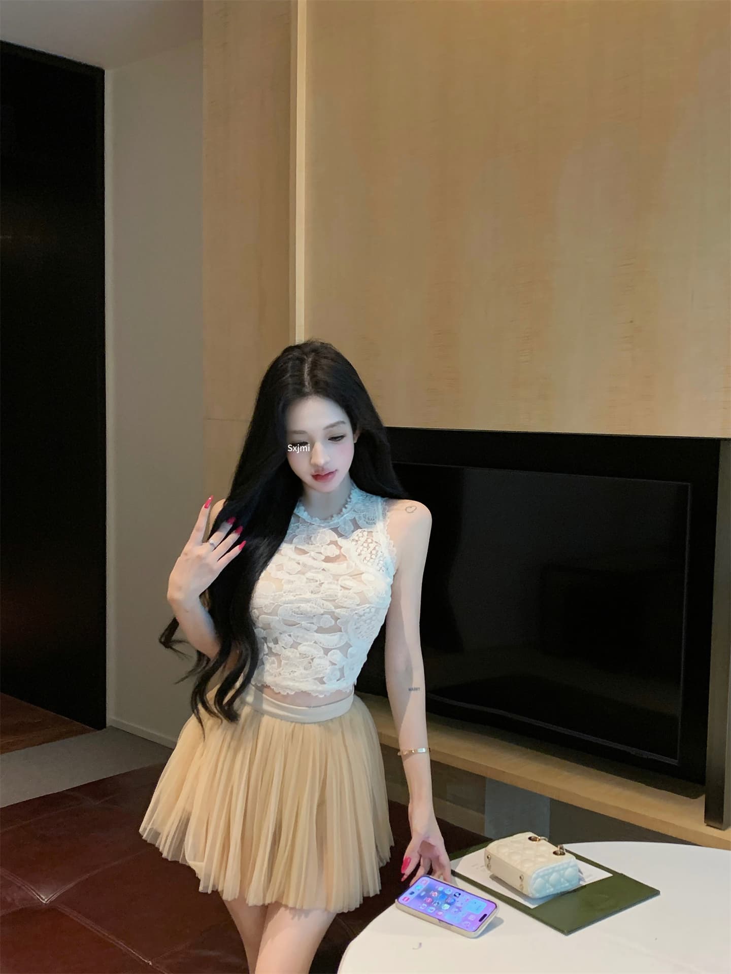 실사 새로운 矜贵 아름다움 순수한 욕망 무거운 작업 자수 홀로우 아웃 레이스 조끼 망사 퍼프 미니 스커트 세트 상세 이미지 15