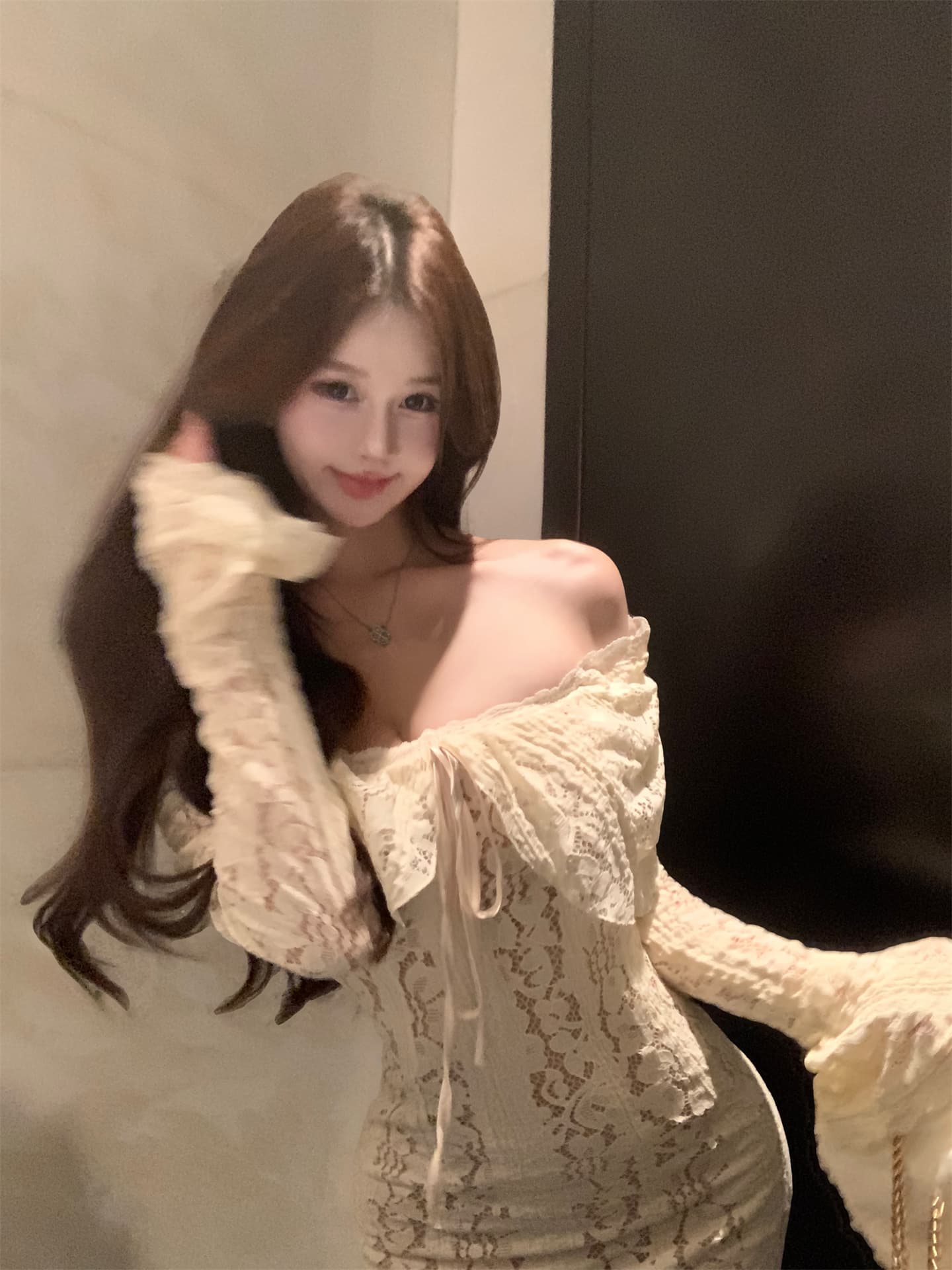 실사 이른 가을 순수한 욕망 바람 레이스 나팔 소매 무거운 작업 여성 드레스 오프숄더 타이트 스커트 예복 롱 스커트 상세 이미지 1