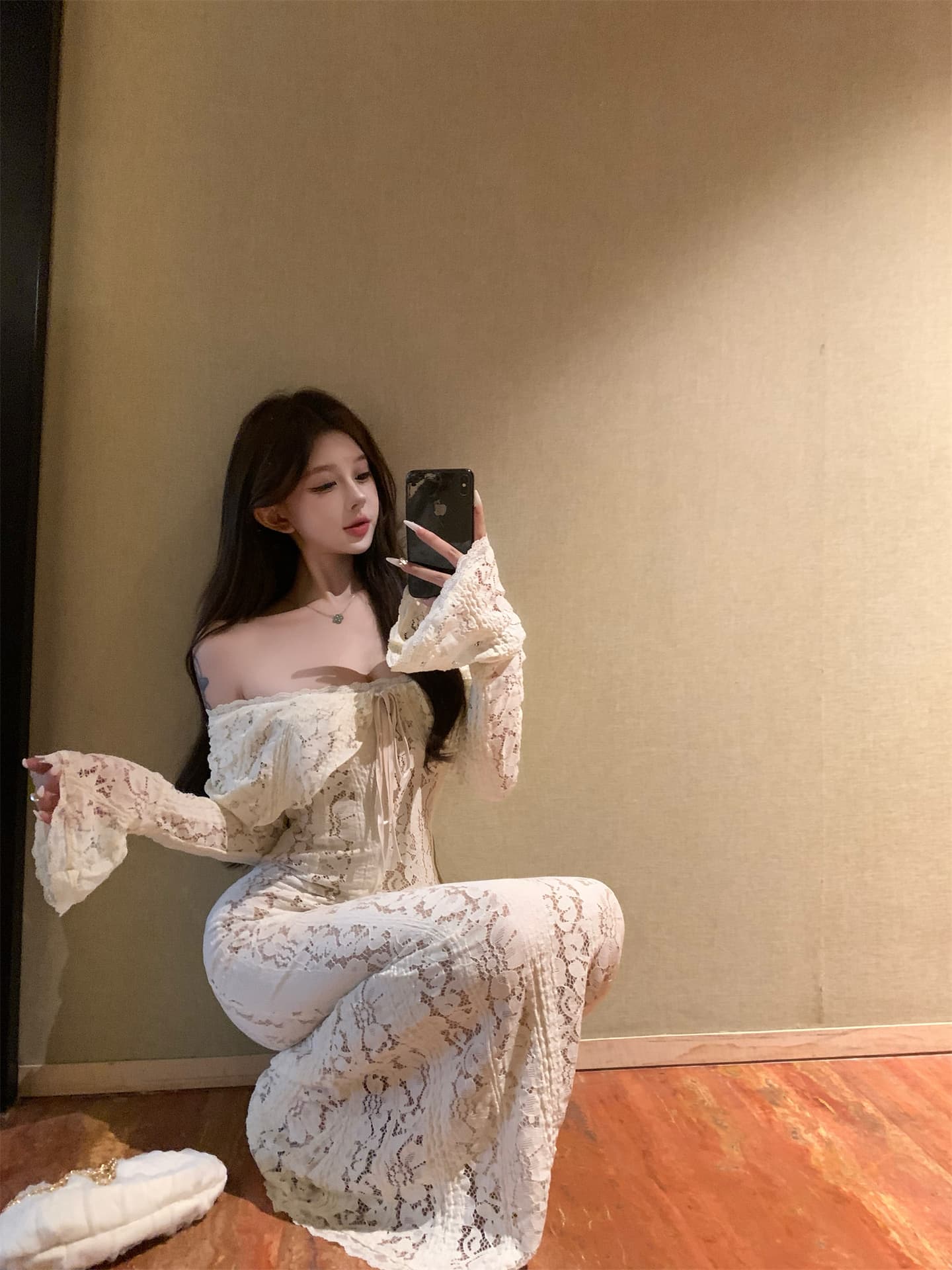 실사 이른 가을 순수한 욕망 바람 레이스 나팔 소매 무거운 작업 여성 드레스 오프숄더 타이트 스커트 예복 롱 스커트 상세 이미지 2
