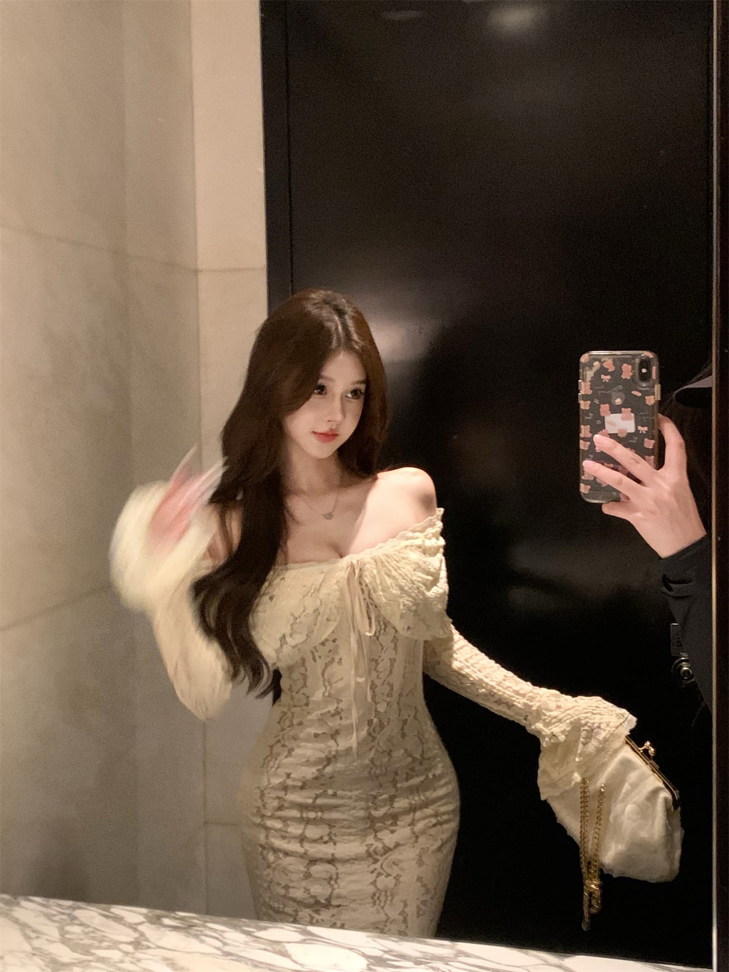 실사 이른 가을 순수한 욕망 바람 레이스 나팔 소매 무거운 작업 여성 드레스 오프숄더 타이트 스커트 예복 롱 스커트 상세 이미지 4