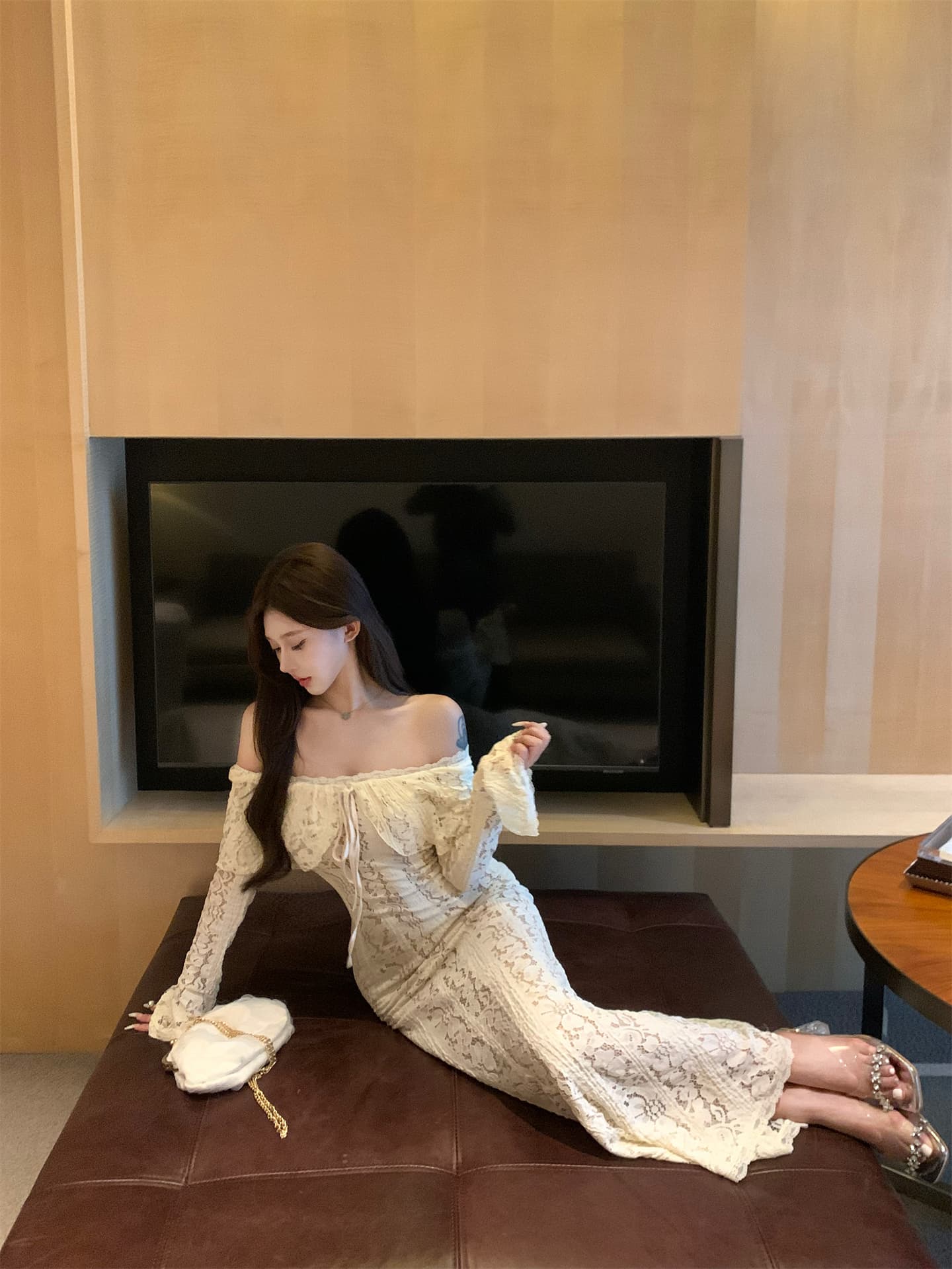 실사 이른 가을 순수한 욕망 바람 레이스 나팔 소매 무거운 작업 여성 드레스 오프숄더 타이트 스커트 예복 롱 스커트 상세 이미지 7