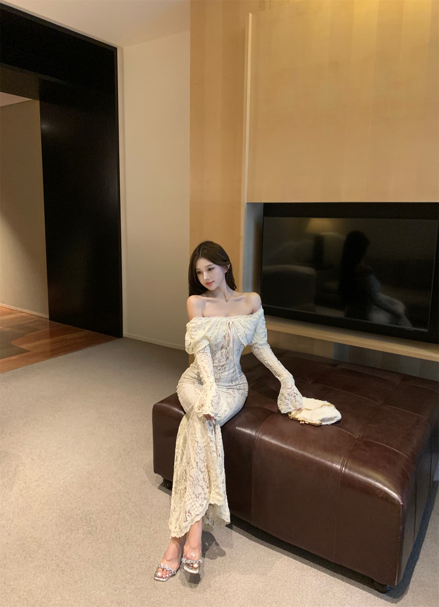 실사 이른 가을 순수한 욕망 바람 레이스 나팔 소매 무거운 작업 여성 드레스 오프숄더 타이트 스커트 예복 롱 스커트 상세 이미지 9