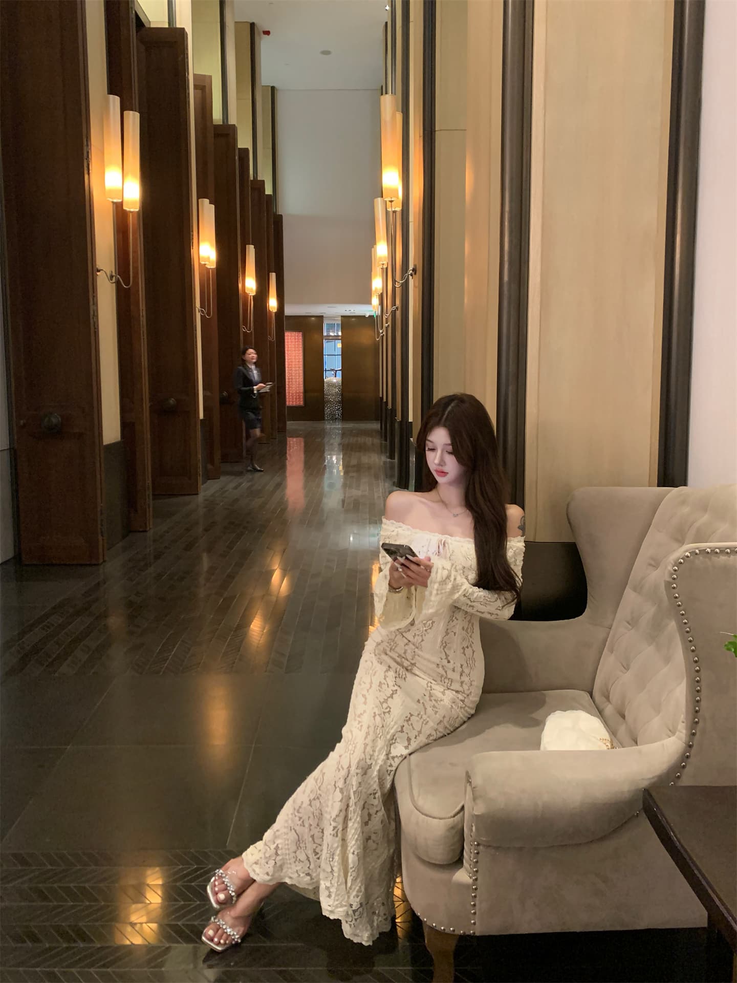 실사 이른 가을 순수한 욕망 바람 레이스 나팔 소매 무거운 작업 여성 드레스 오프숄더 타이트 스커트 예복 롱 스커트 상세 이미지 11