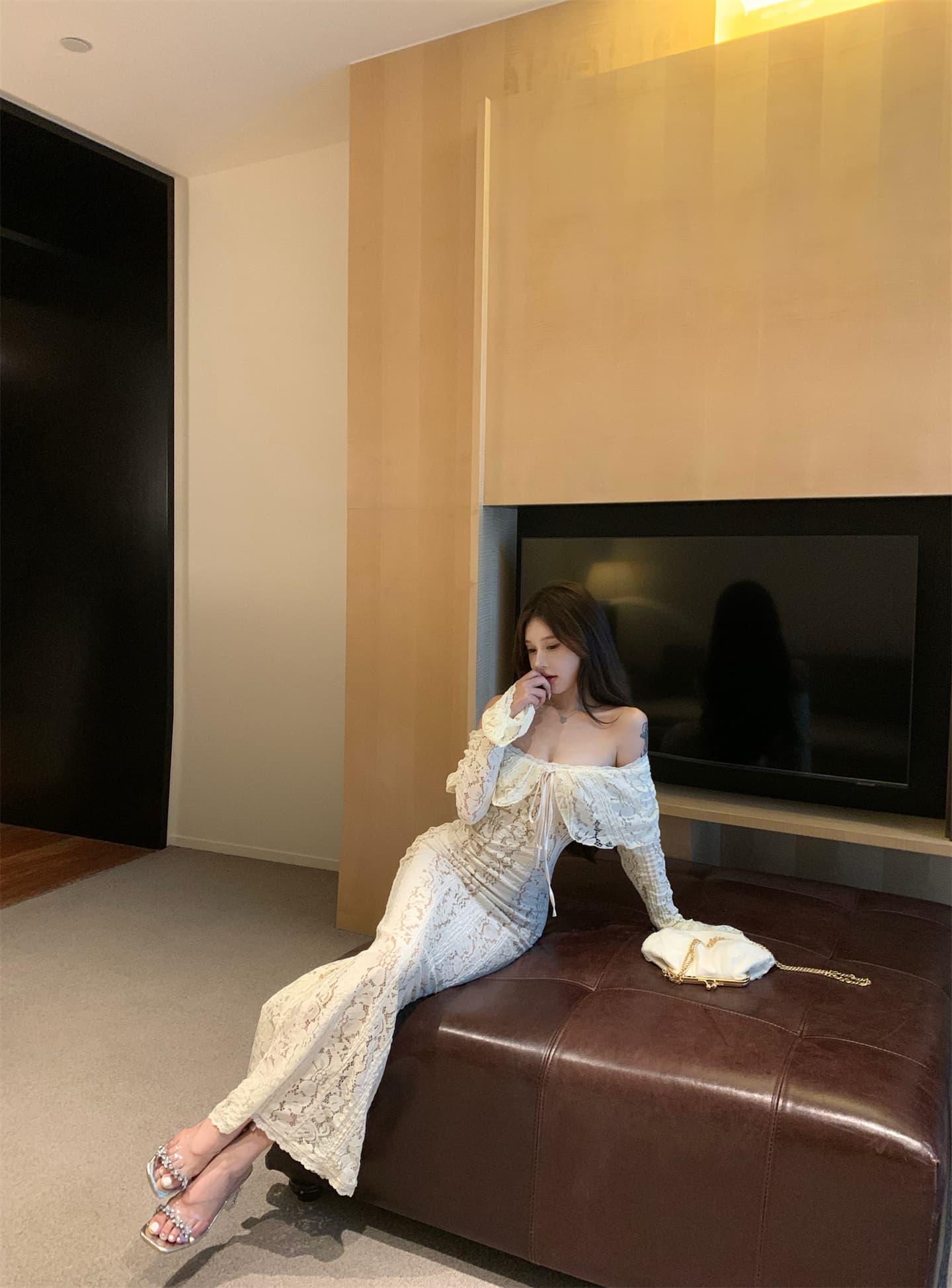 실사 이른 가을 순수한 욕망 바람 레이스 나팔 소매 무거운 작업 여성 드레스 오프숄더 타이트 스커트 예복 롱 스커트 상세 이미지 16