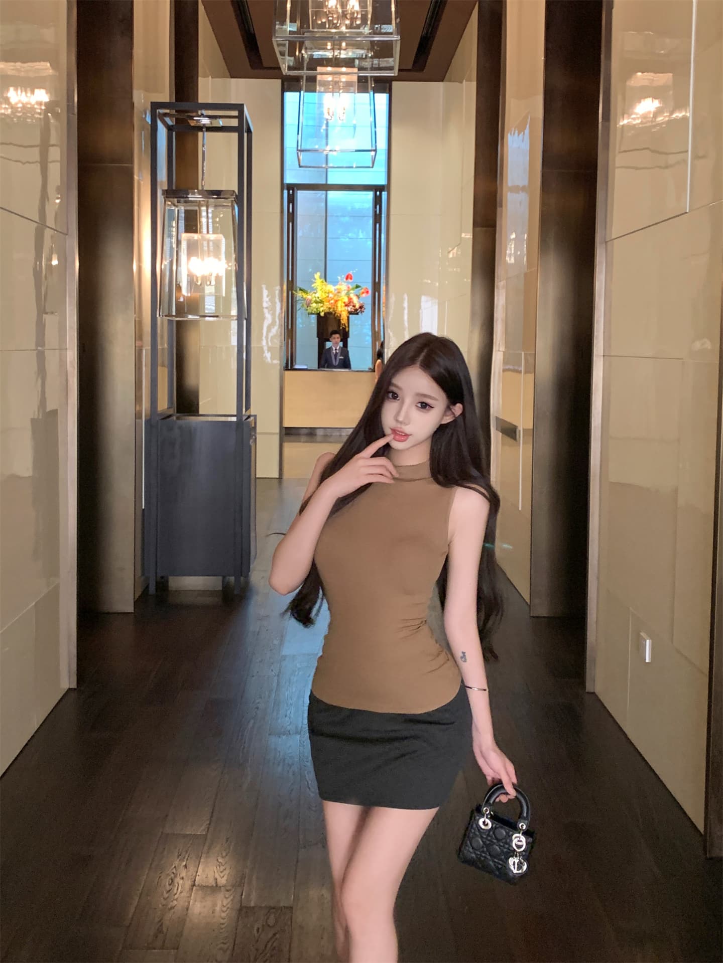 실사 새로운 주간 실크 반하이넥 행침 목 조끼 맨위 회색 하이웨이스트 정장 반신 미니 스커트 롱 스커트 여성 상세 이미지 2