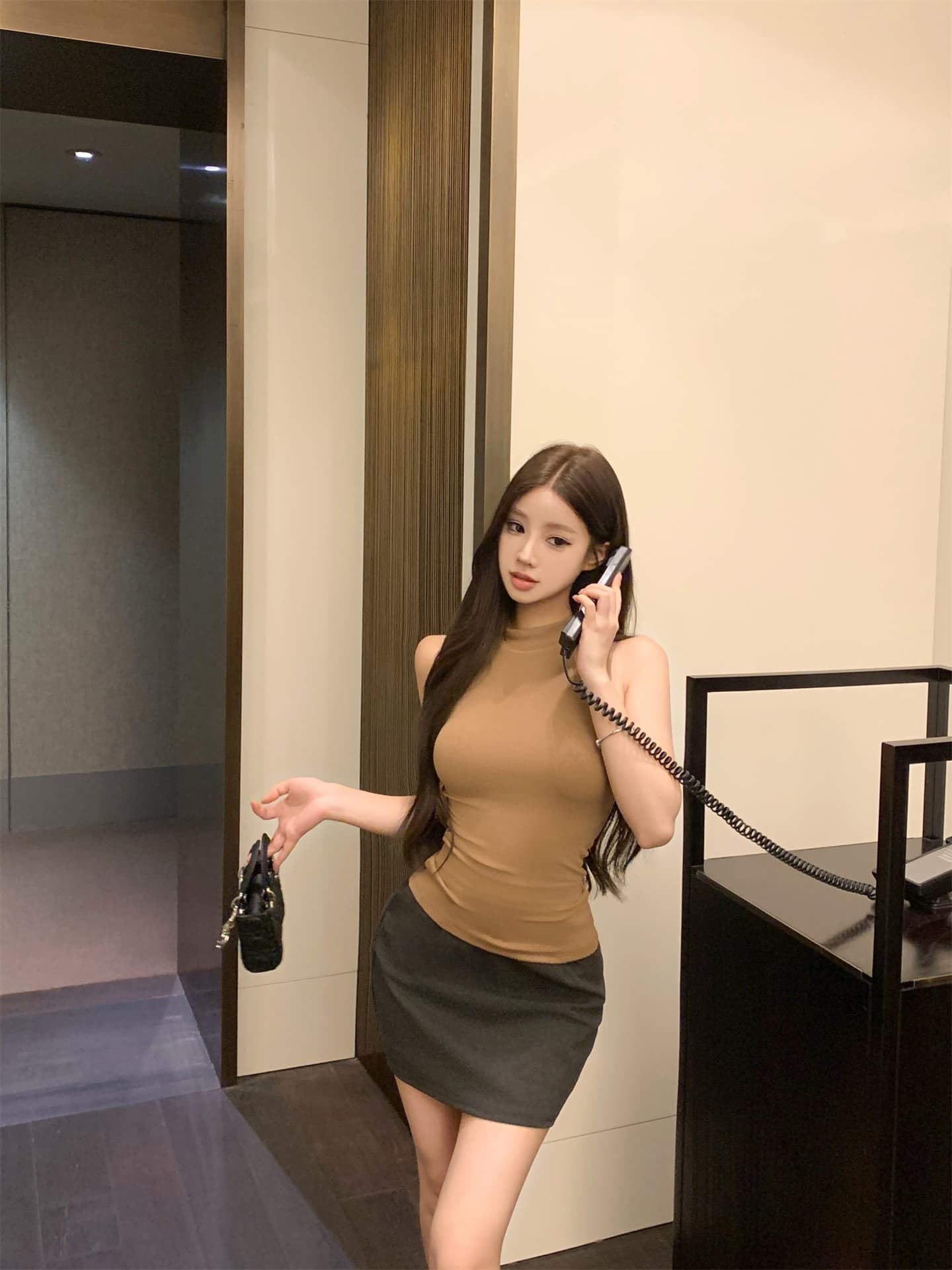 실사 새로운 주간 실크 반하이넥 행침 목 조끼 맨위 회색 하이웨이스트 정장 반신 미니 스커트 롱 스커트 여성 상세 이미지 8