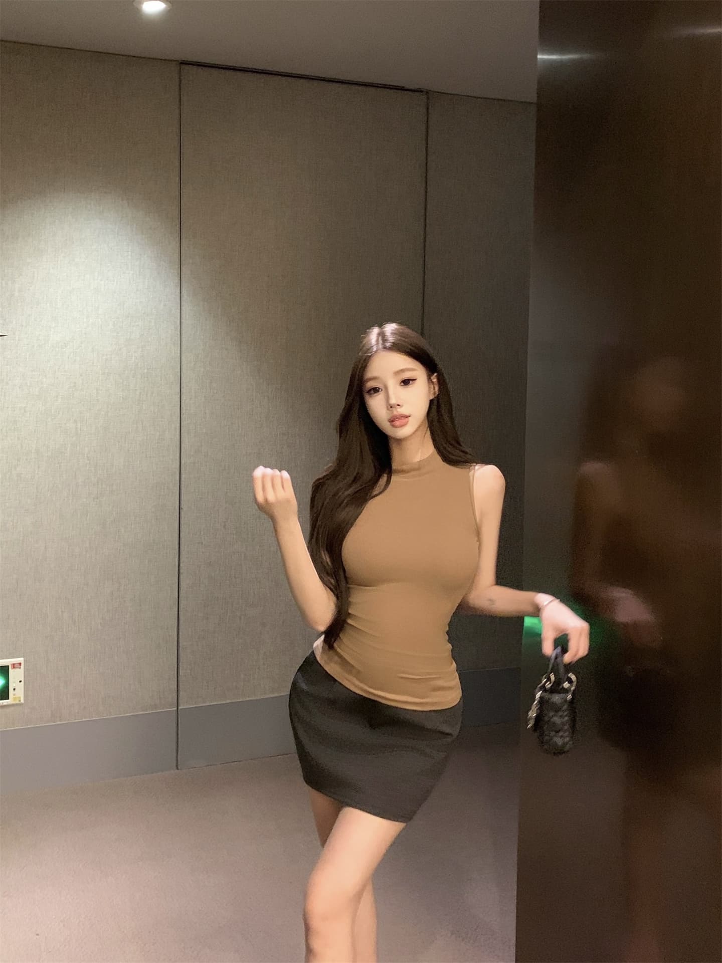 실사 새로운 주간 실크 반하이넥 행침 목 조끼 맨위 회색 하이웨이스트 정장 반신 미니 스커트 롱 스커트 여성 상세 이미지 9