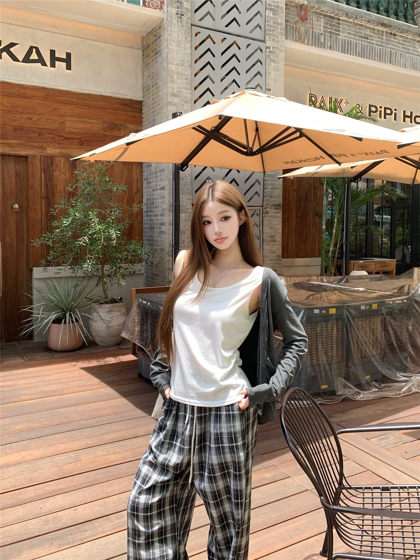 실사 이른 가을 한국 스타일 느긋한 바람 자외선 차단 니트 재킷 작은 조끼 캐주얼 체크무늬 와이드 레그 팬츠 3종 세트 상세 이미지 2