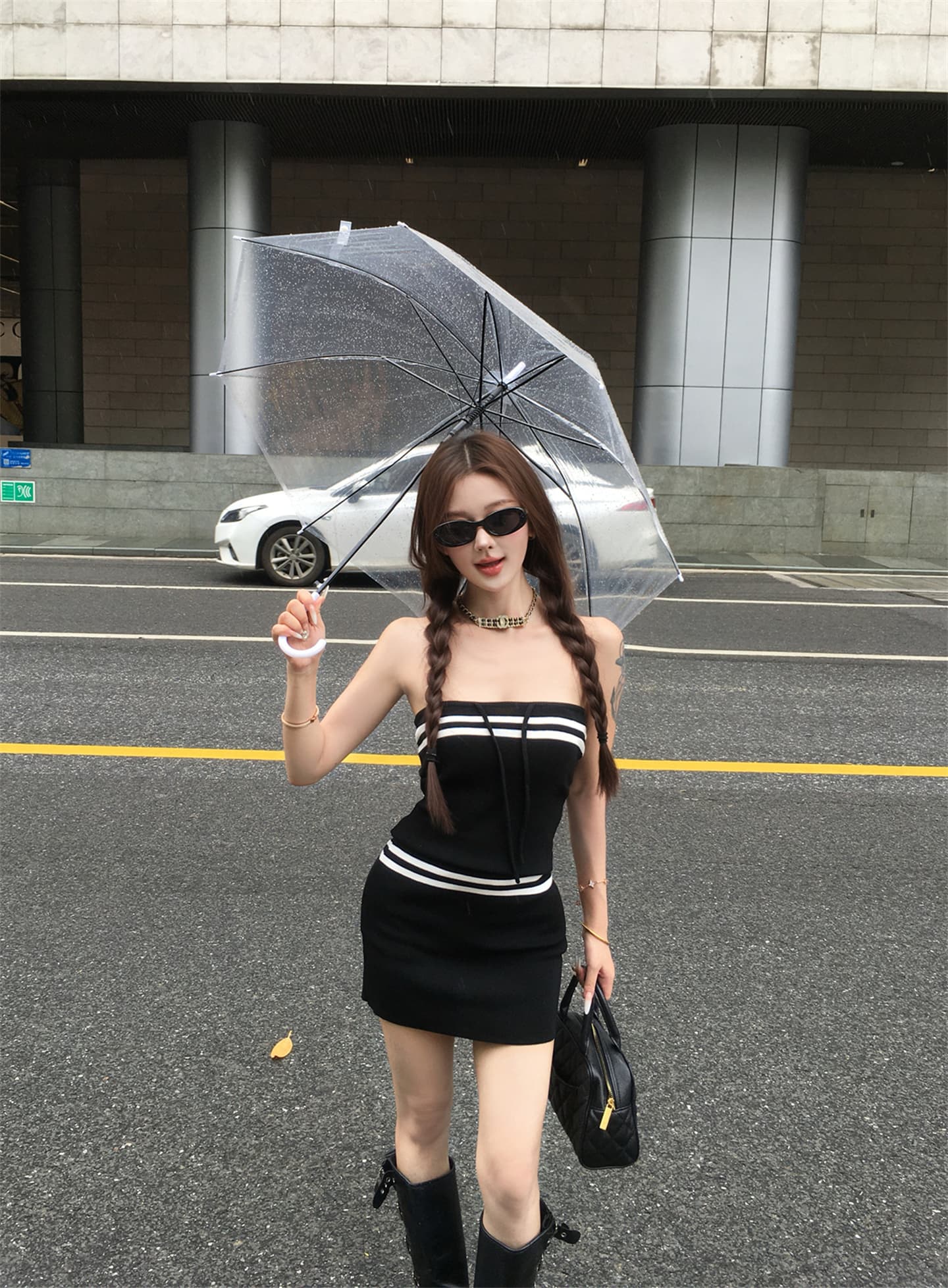 실사 레트로 핫걸 바람 배색 스트라이프 니트 튜브탑 로우 웨이스트 스트라이프 한 마디 타이트 스커트 투피스 세트 여름 이미지 4