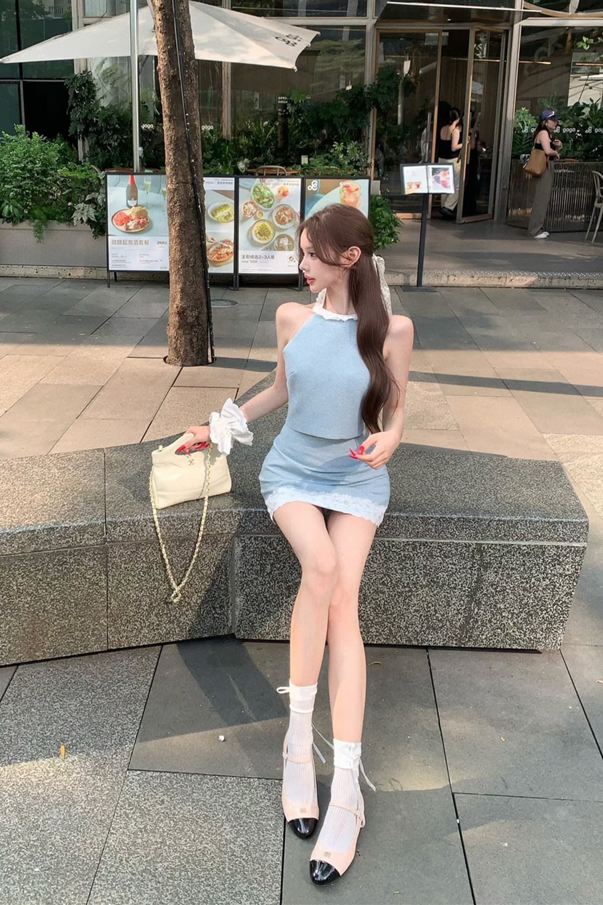 실사 새로운 샤오시엔 세트 여성 여름 고급 센스 행침 목 맨위 반 스커트 얇은 스타일 투피스 세트 이미지 6
