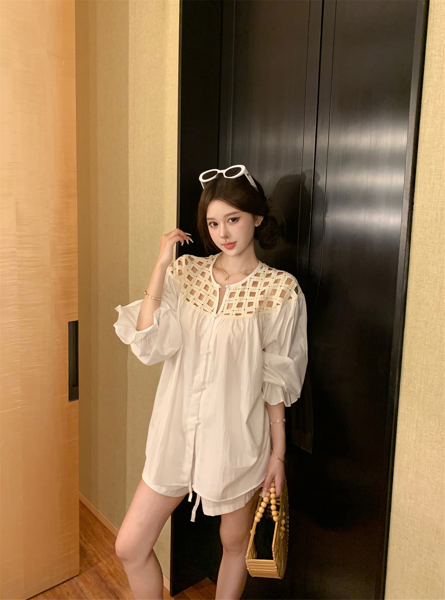 실사 아마 무거운 작업 어깨 홀로우 아웃 느긋한 바람 거품 소매 긴팔 셔츠 아마 반바지 세트