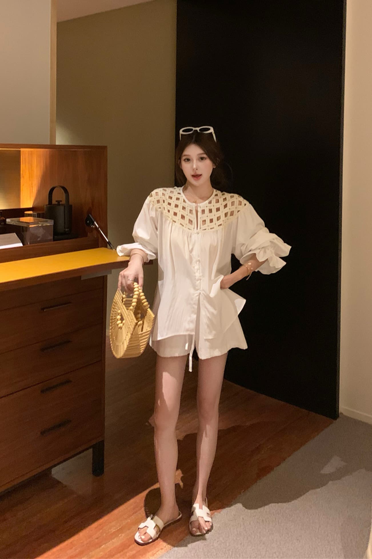 실사 아마 무거운 작업 어깨 홀로우 아웃 느긋한 바람 거품 소매 긴팔 셔츠 아마 반바지 세트 이미지 6