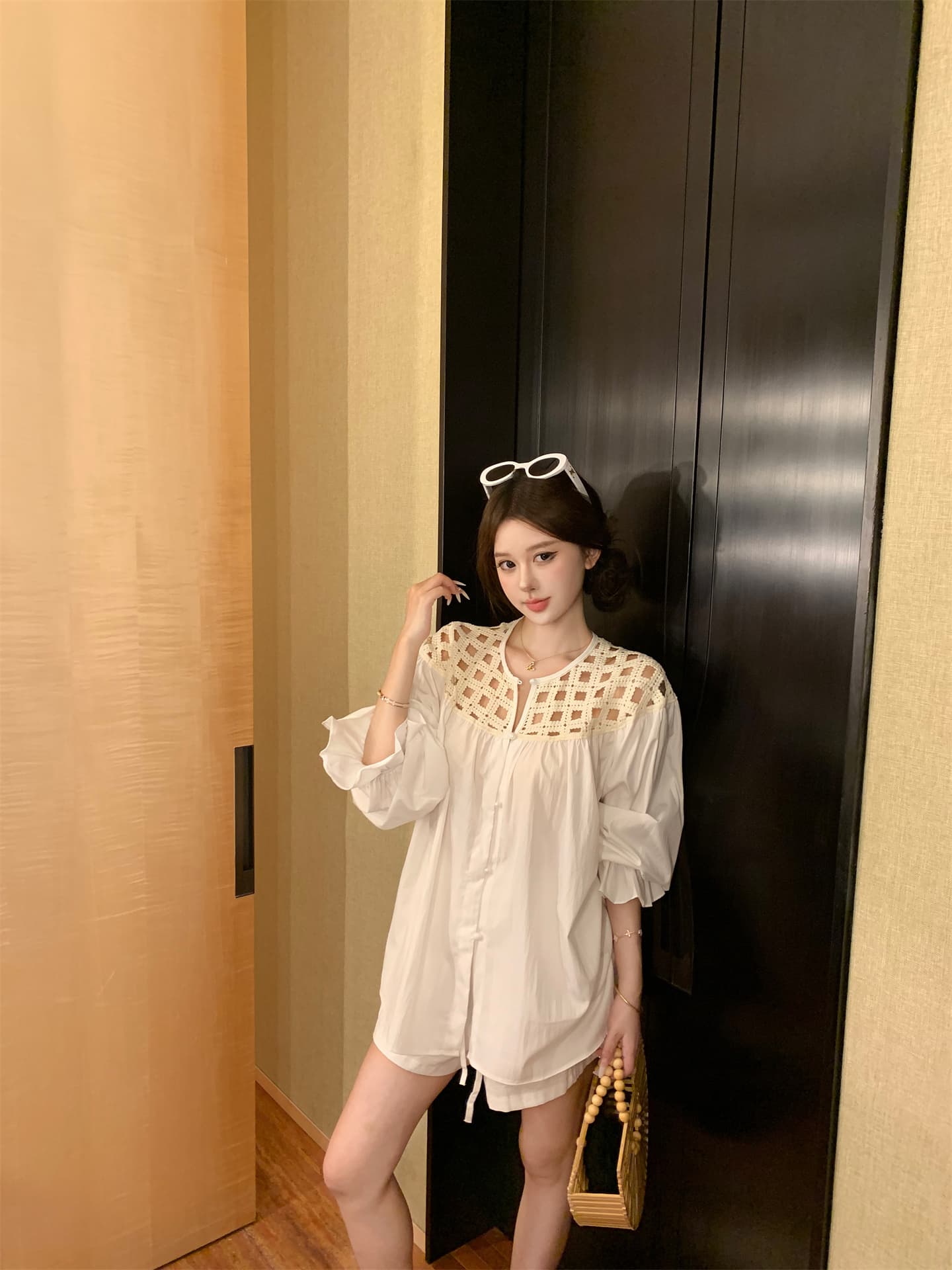 실사 아마 무거운 작업 어깨 홀로우 아웃 느긋한 바람 거품 소매 긴팔 셔츠 아마 반바지 세트 상세 이미지 1