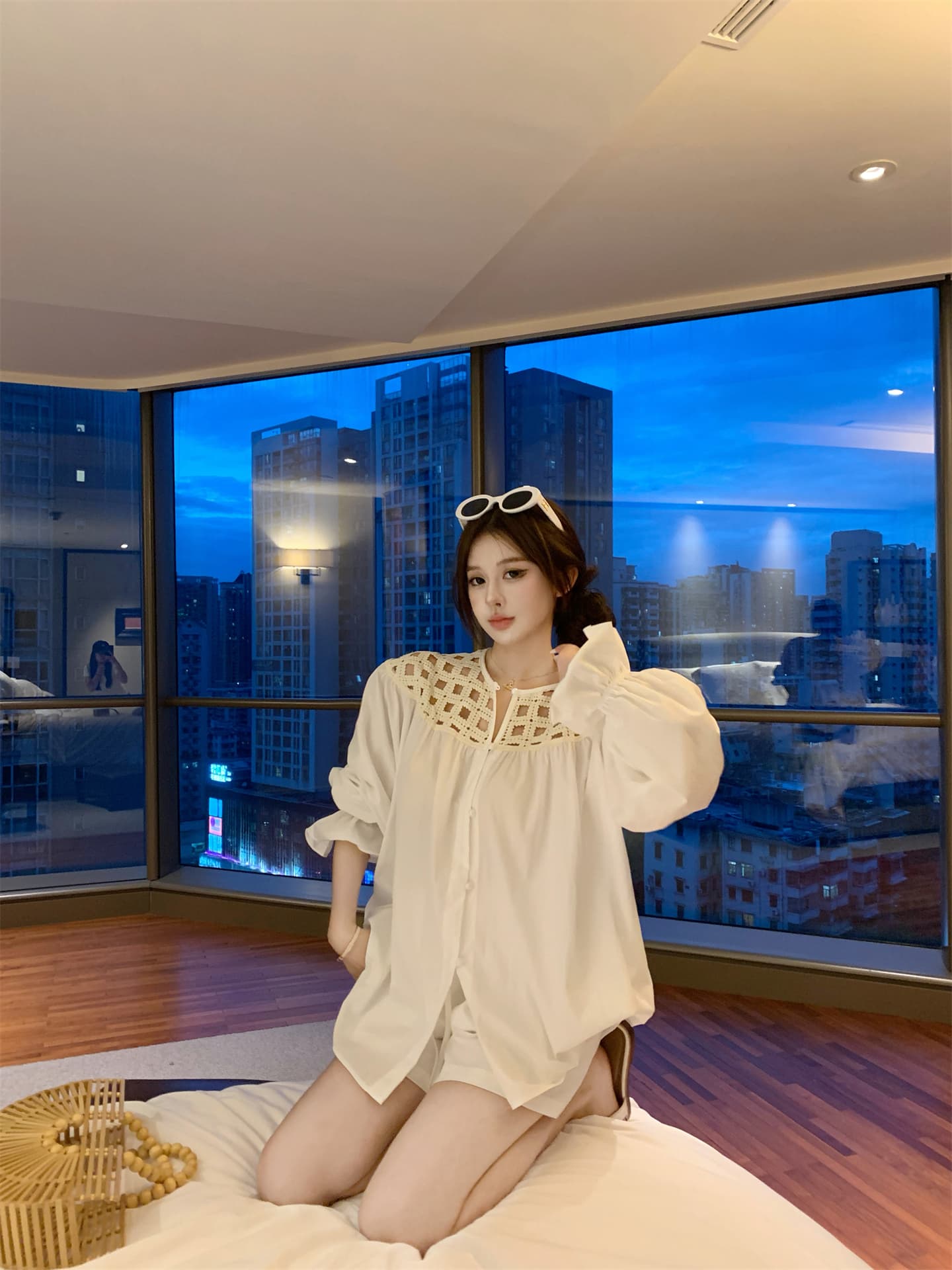 실사 아마 무거운 작업 어깨 홀로우 아웃 느긋한 바람 거품 소매 긴팔 셔츠 아마 반바지 세트 상세 이미지 2