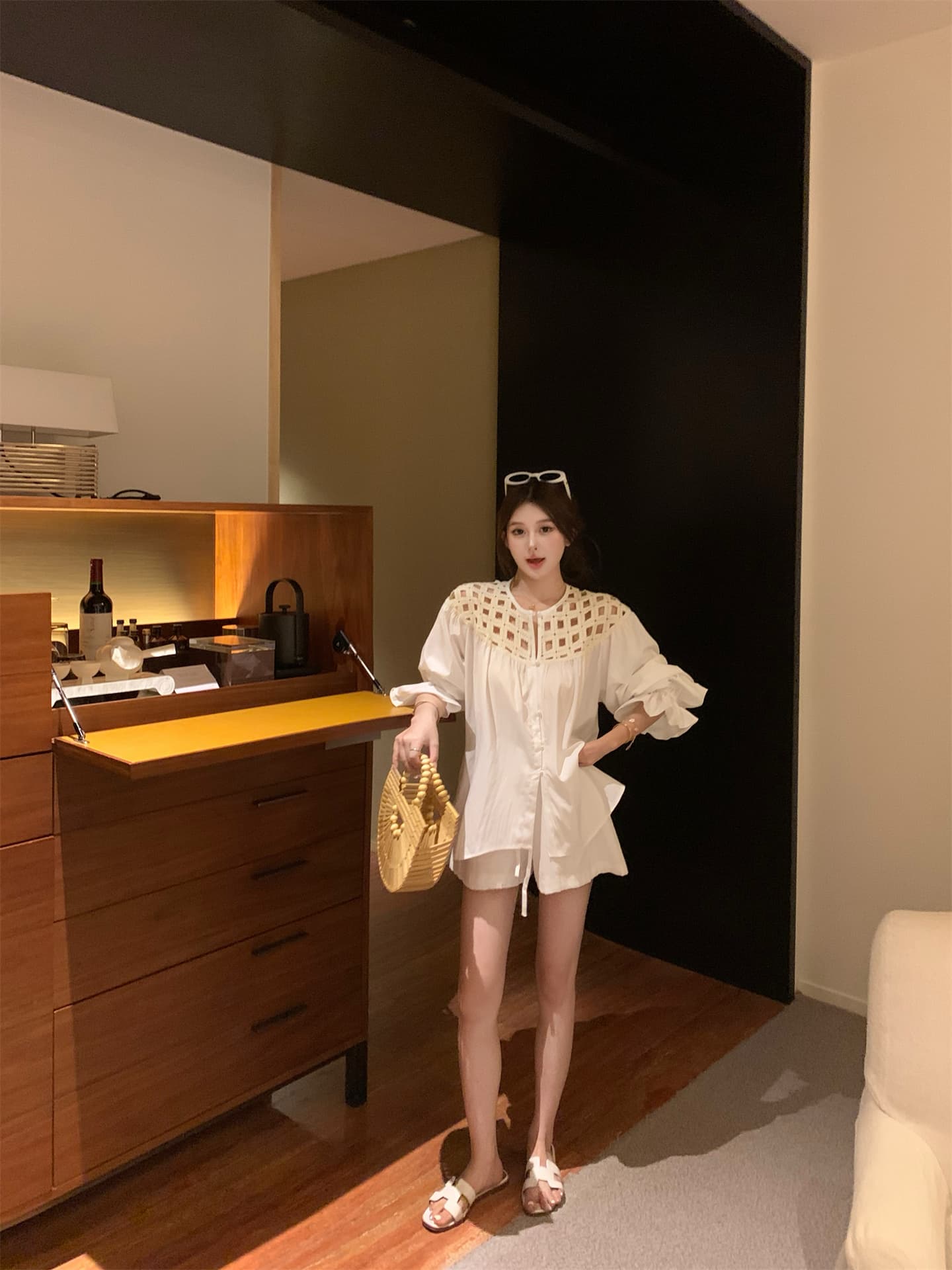 실사 아마 무거운 작업 어깨 홀로우 아웃 느긋한 바람 거품 소매 긴팔 셔츠 아마 반바지 세트 상세 이미지 15