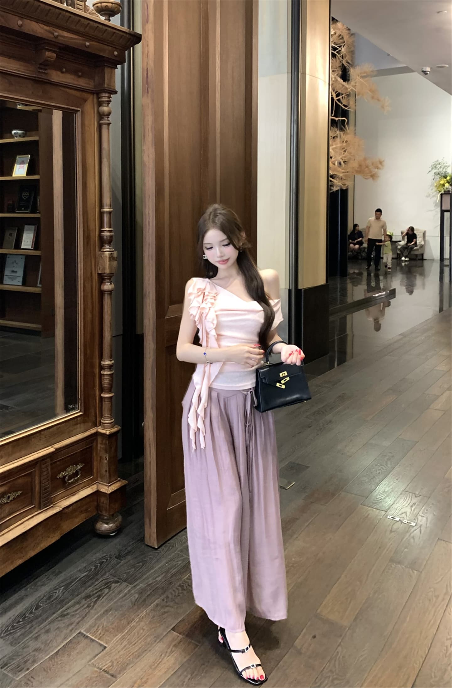 실사 흔들다 칼라 리본 꽃 비스듬한 어깨 반팔 티셔츠 여성 꼬집기 허리 다용도 캐주얼 펄럭 이는 길다 바지 투피스 세트 이미지 4