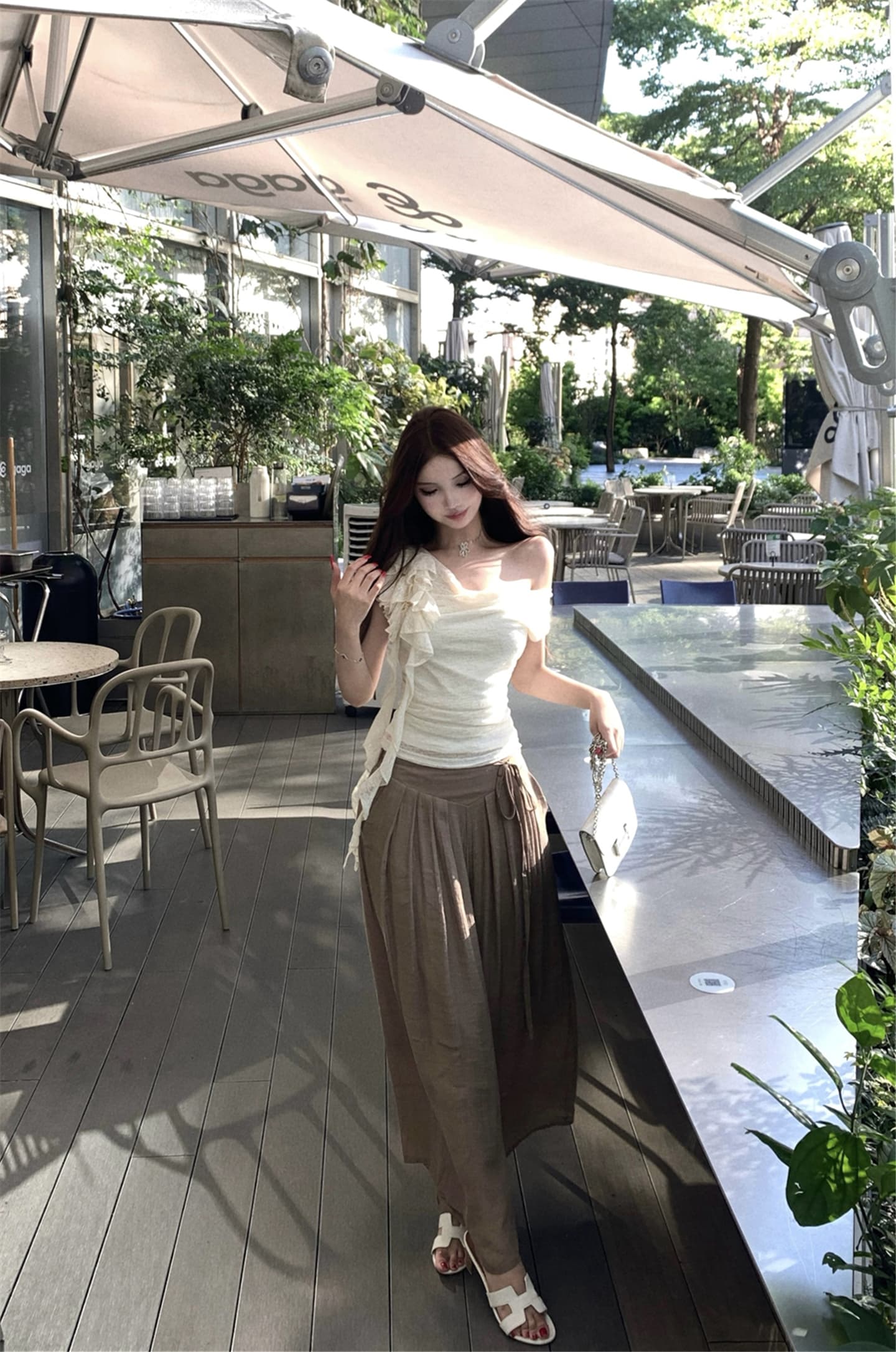 실사 흔들다 칼라 리본 꽃 비스듬한 어깨 반팔 티셔츠 여성 꼬집기 허리 다용도 캐주얼 펄럭 이는 길다 바지 투피스 세트 이미지 3