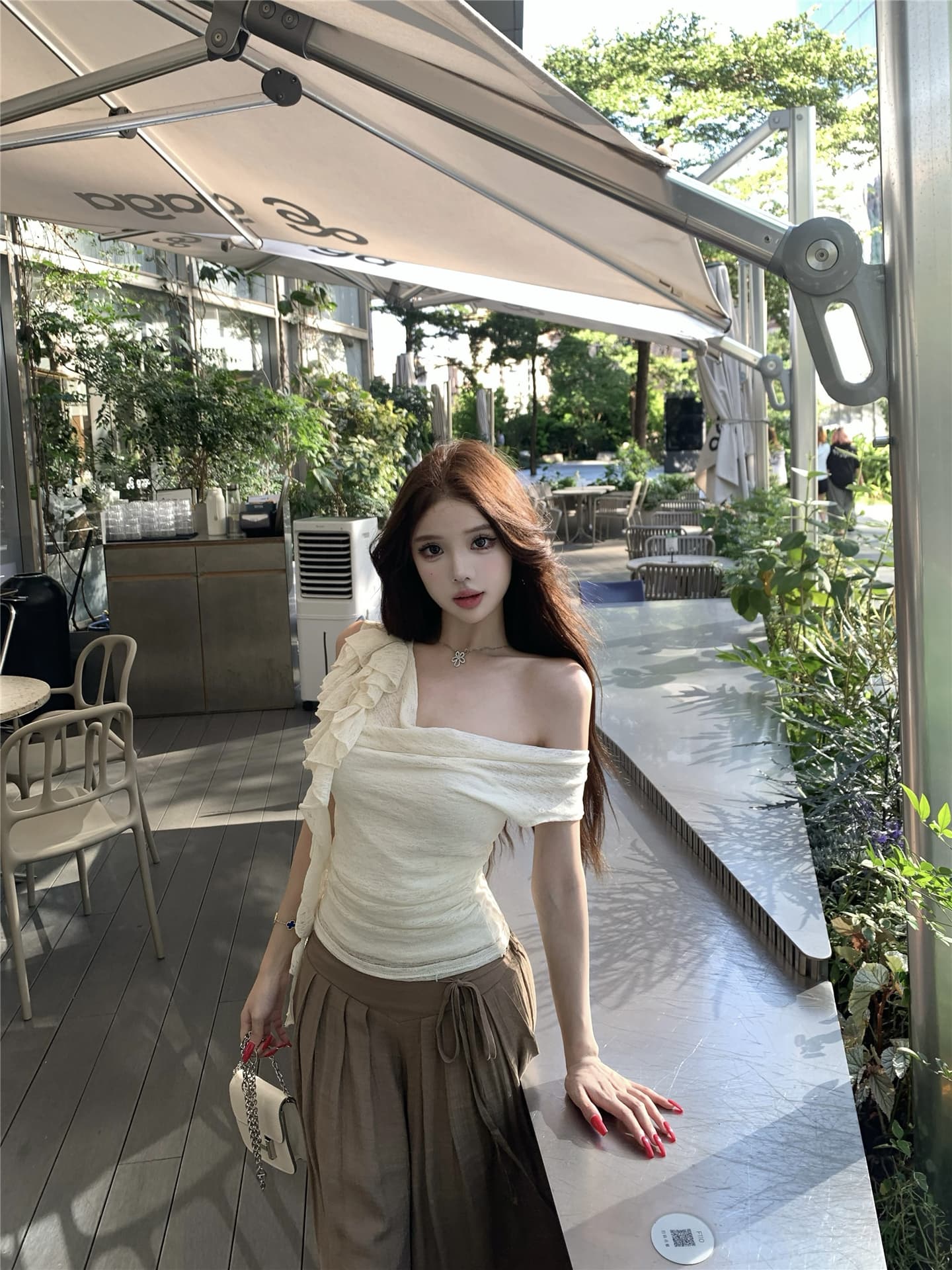 실사 흔들다 칼라 리본 꽃 비스듬한 어깨 반팔 티셔츠 여성 꼬집기 허리 다용도 캐주얼 펄럭 이는 길다 바지 투피스 세트 상세 이미지 1