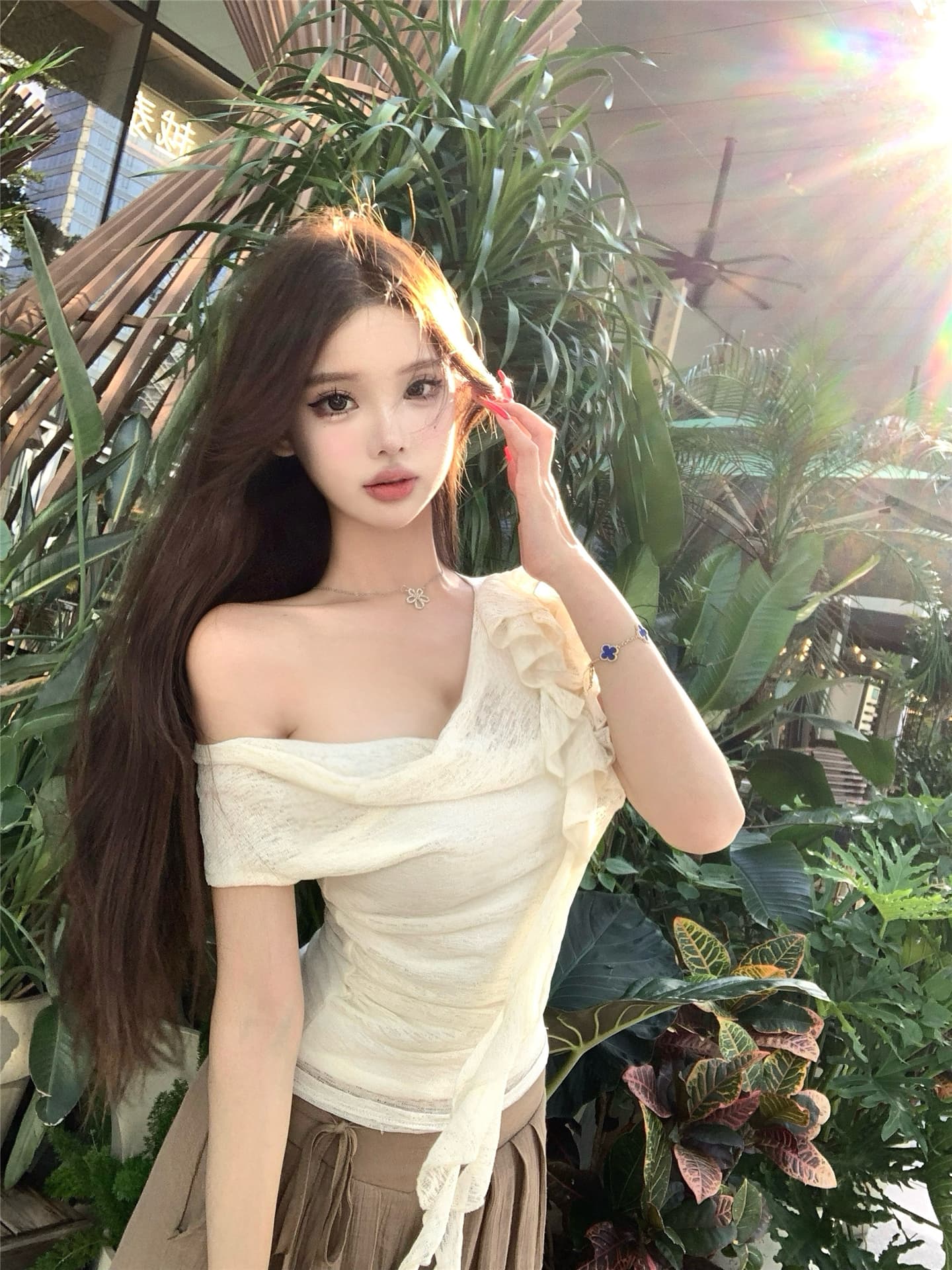 실사 흔들다 칼라 리본 꽃 비스듬한 어깨 반팔 티셔츠 여성 꼬집기 허리 다용도 캐주얼 펄럭 이는 길다 바지 투피스 세트 상세 이미지 2