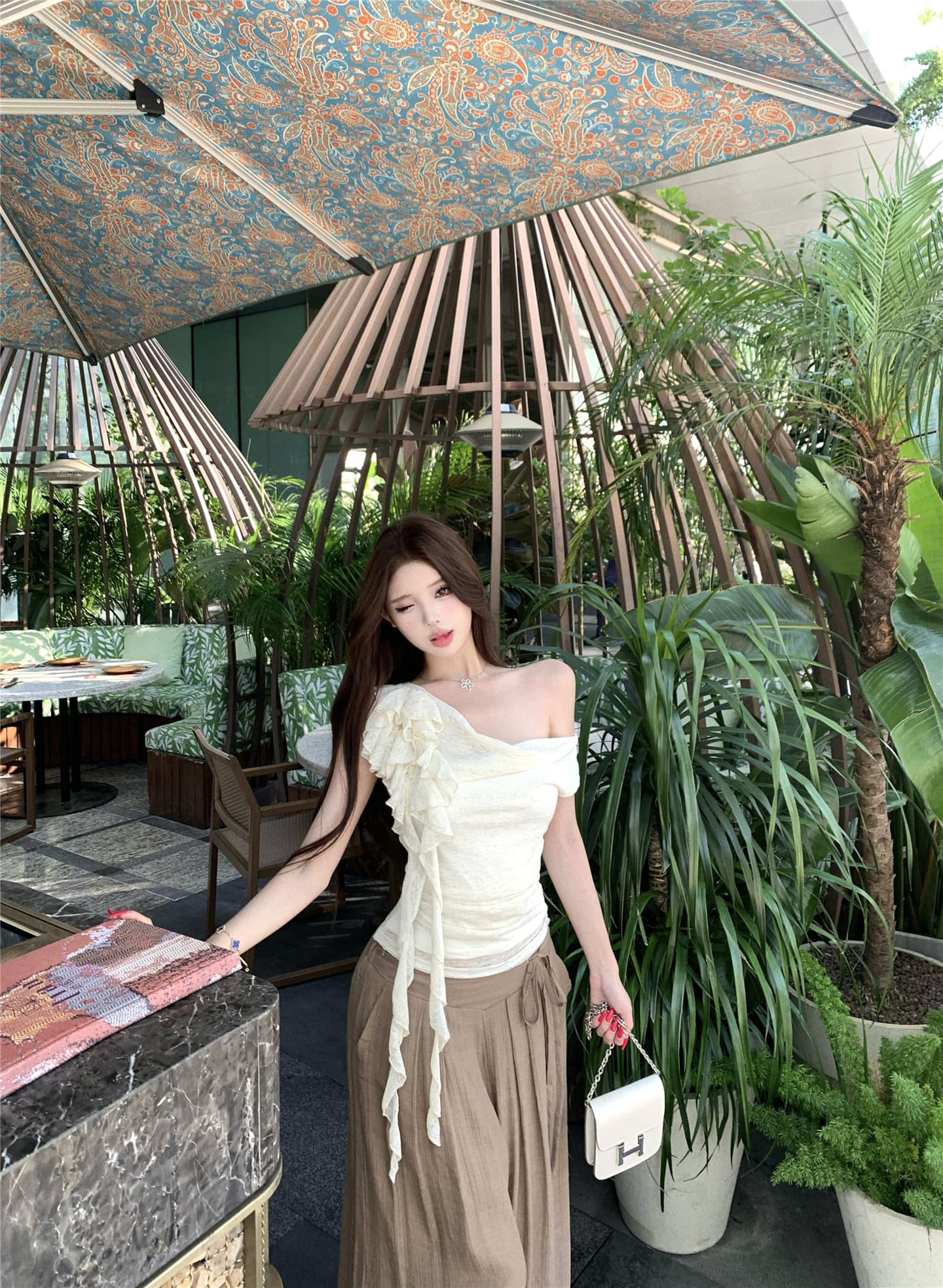실사 흔들다 칼라 리본 꽃 비스듬한 어깨 반팔 티셔츠 여성 꼬집기 허리 다용도 캐주얼 펄럭 이는 길다 바지 투피스 세트 상세 이미지 3