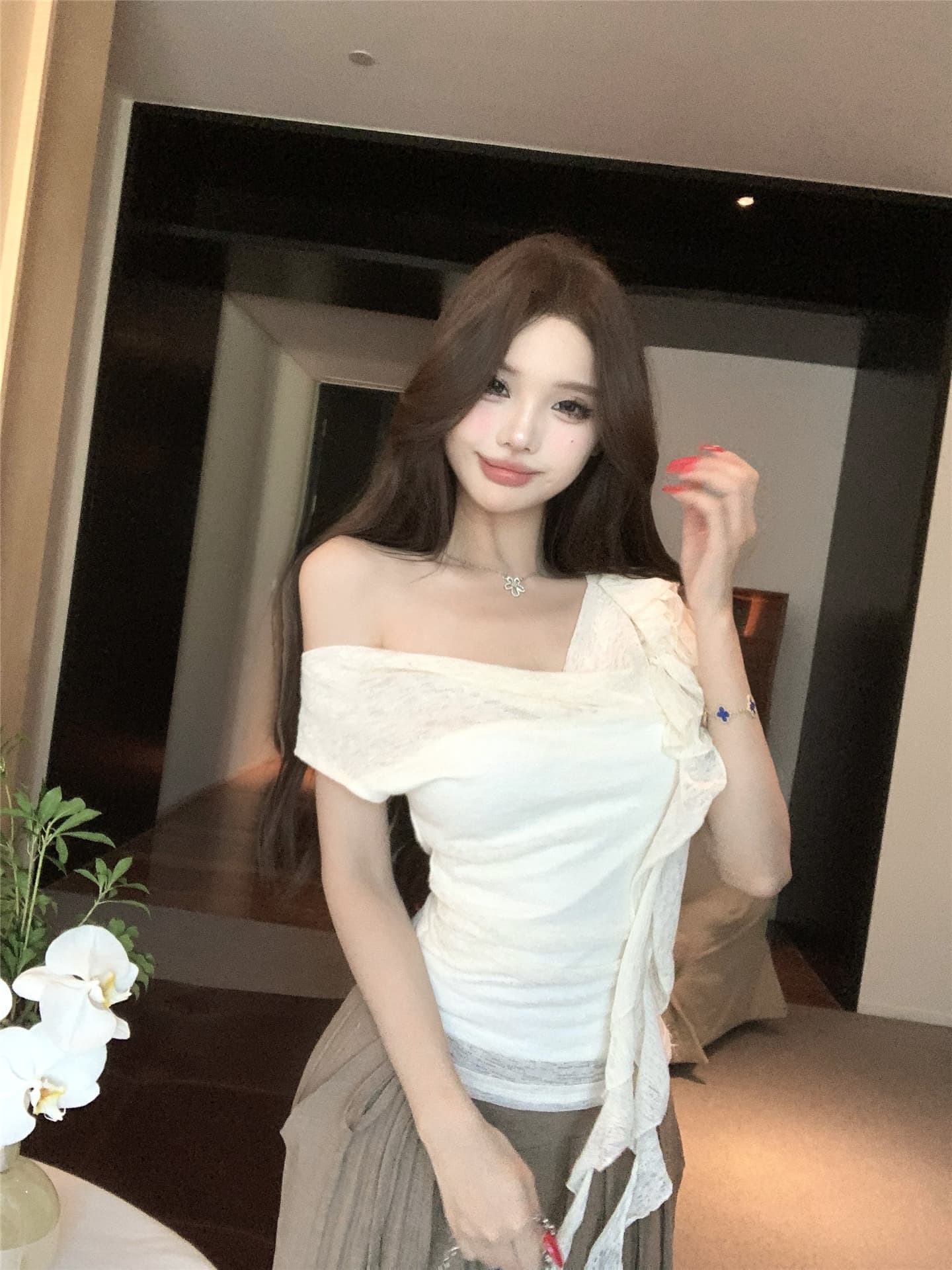 실사 흔들다 칼라 리본 꽃 비스듬한 어깨 반팔 티셔츠 여성 꼬집기 허리 다용도 캐주얼 펄럭 이는 길다 바지 투피스 세트 상세 이미지 4