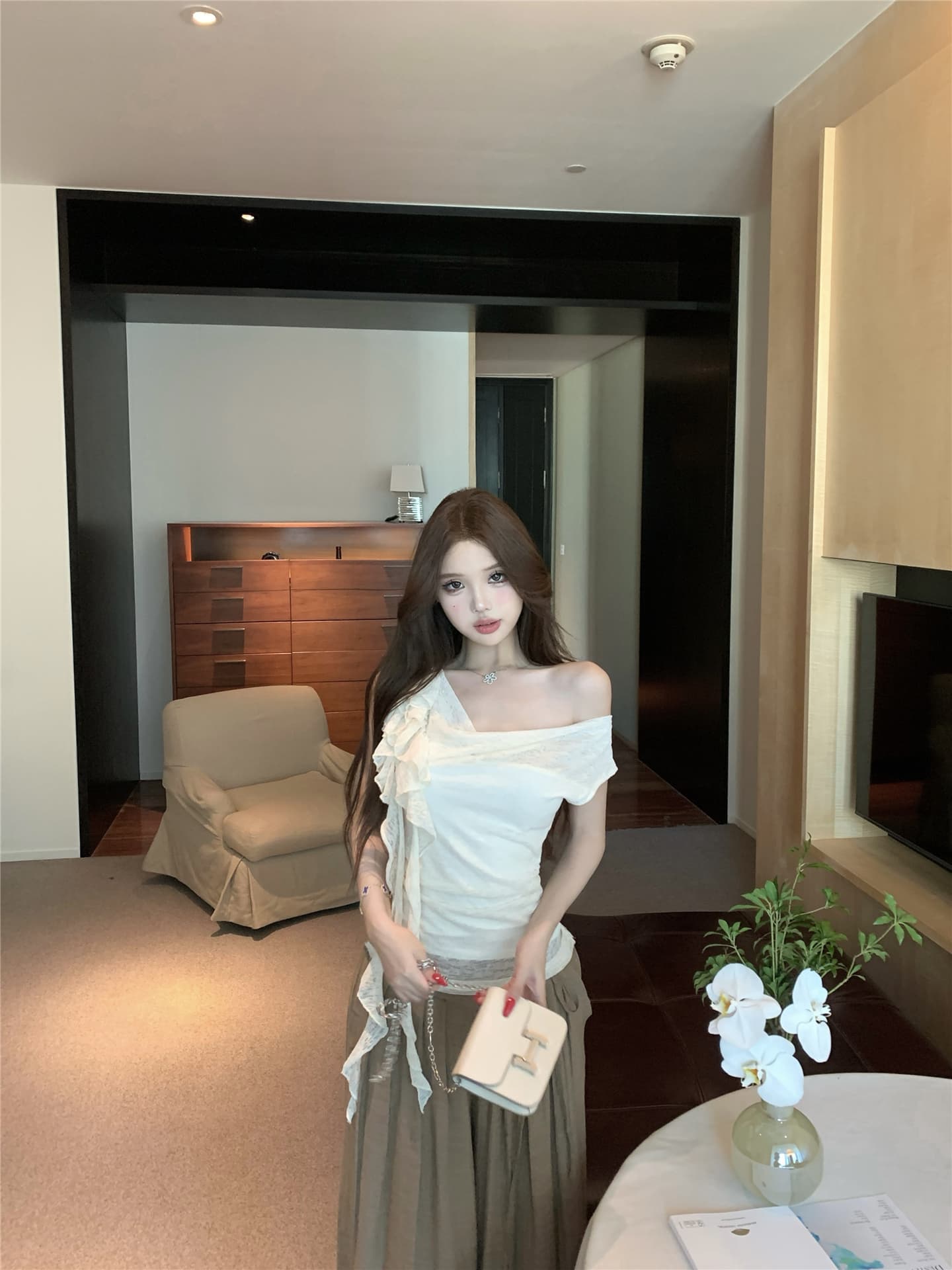 실사 흔들다 칼라 리본 꽃 비스듬한 어깨 반팔 티셔츠 여성 꼬집기 허리 다용도 캐주얼 펄럭 이는 길다 바지 투피스 세트 상세 이미지 5